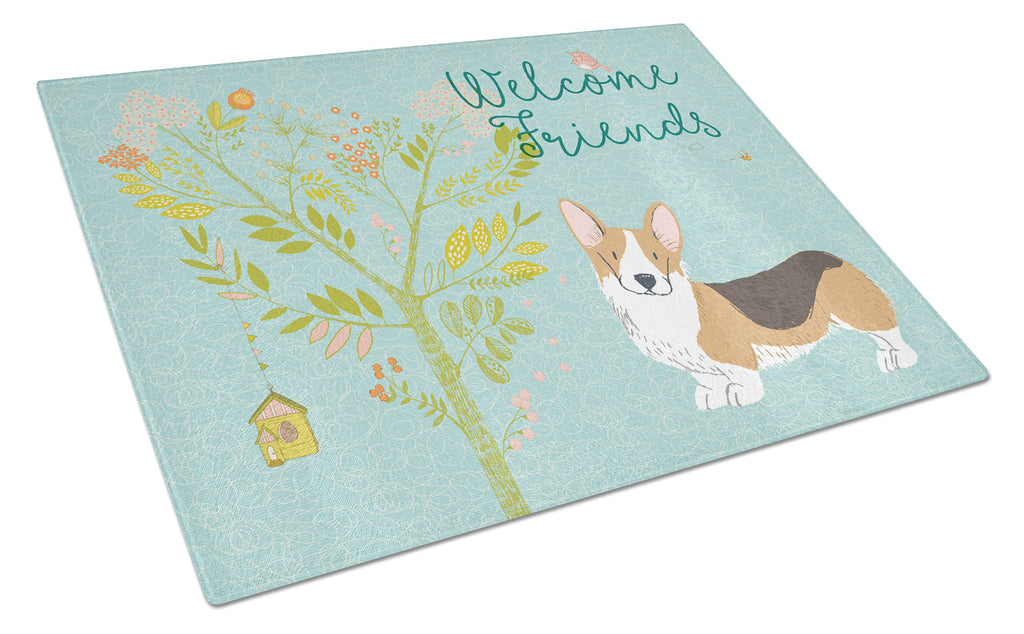 Welcome Friends Pembroke Welsh Corgi Tricolor Cutting Board Tempered Glass Kitchen Cutting Surface, Heat Resistant Chopping, Non-Slip Feet, Food Prep & Serving