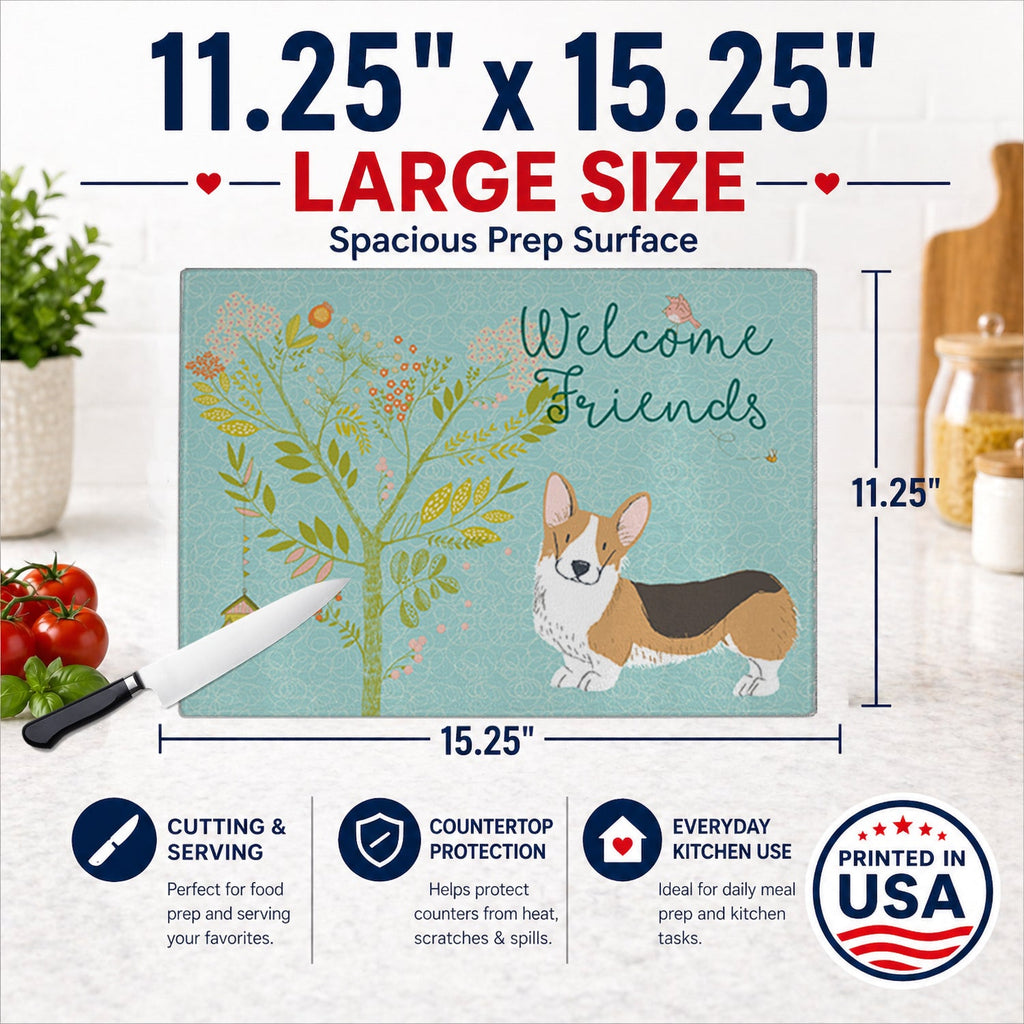 Welcome Friends Pembroke Welsh Corgi Tricolor Cutting Board Tempered Glass Kitchen Cutting Surface, Heat Resistant Chopping, Non-Slip Feet, Food Prep & Serving