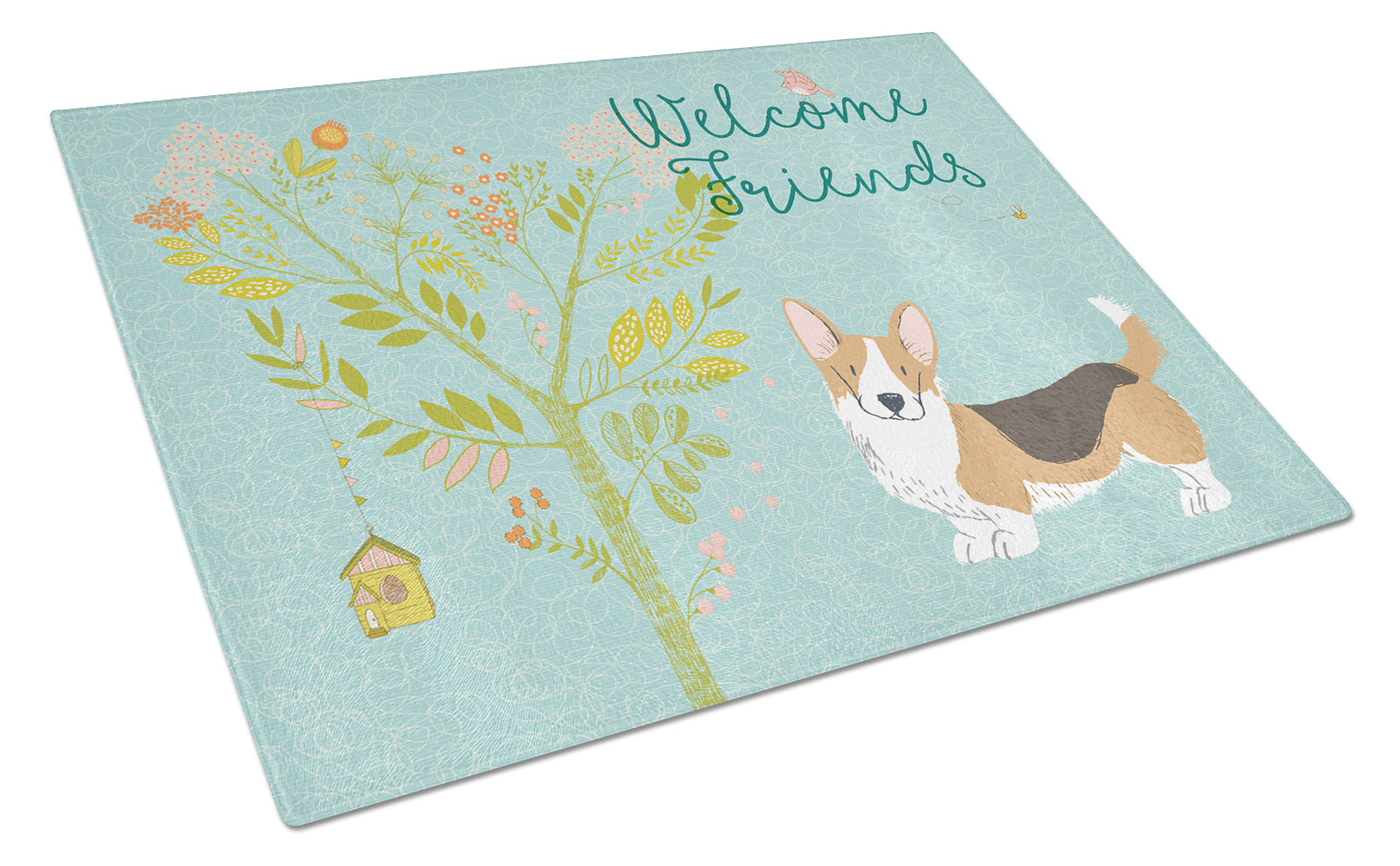 Welcome Friends Cardigan Welsh Corgi Tricolor Cutting Board Tempered Glass Kitchen Cutting Surface, Heat Resistant Chopping, Non-Slip Feet, Food Prep & Serving