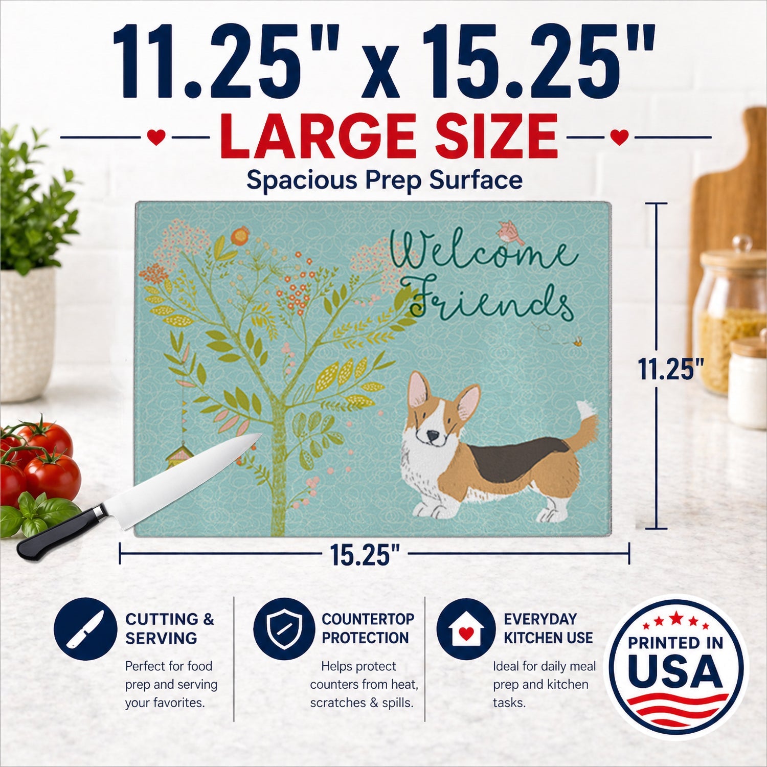 Welcome Friends Cardigan Welsh Corgi Tricolor Cutting Board Tempered Glass Kitchen Cutting Surface, Heat Resistant Chopping, Non-Slip Feet, Food Prep & Serving
