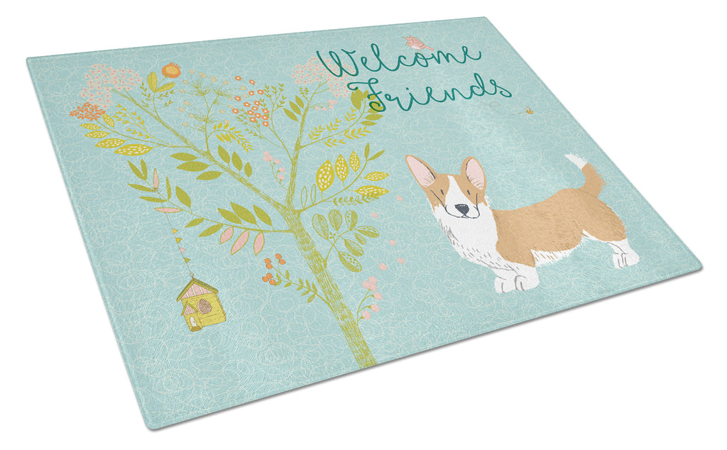 Welcome Friends Cardigan Welsh Corgi Red Cutting Board Tempered Glass Kitchen Cutting Surface, Heat Resistant Chopping, Non-Slip Feet, Food Prep & Serving