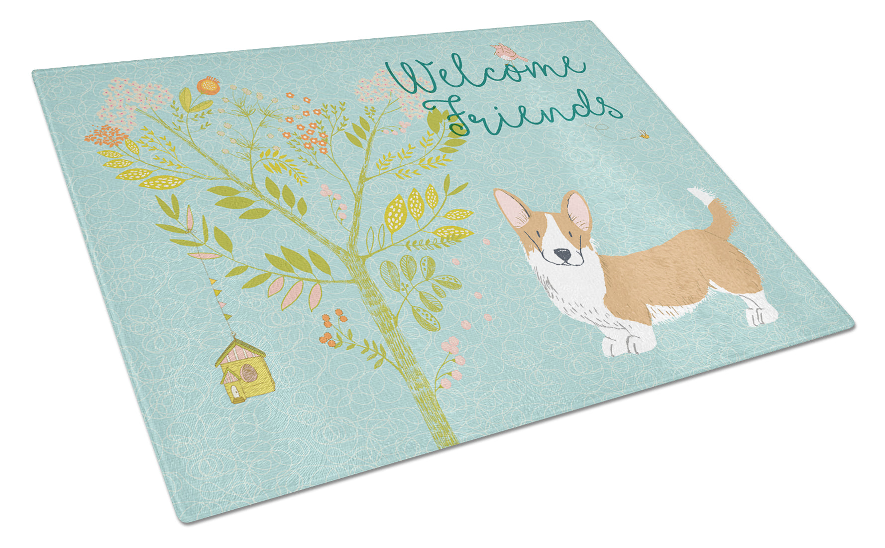 Welcome Friends Cardigan Welsh Corgi Red Cutting Board Tempered Glass Kitchen Cutting Surface, Heat Resistant Chopping, Non-Slip Feet, Food Prep & Serving