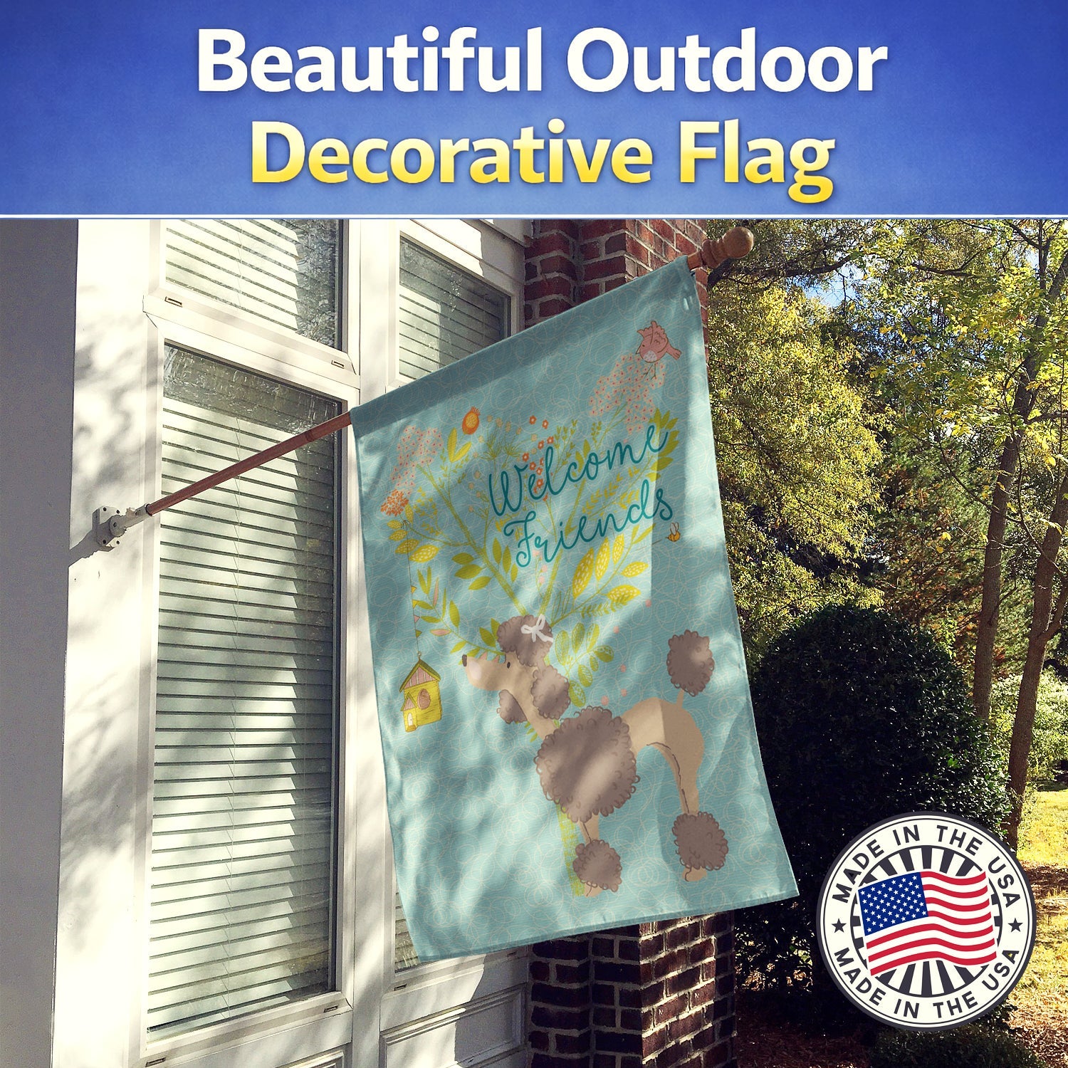 Welcome Friends Chocolate Poodle House Flag 28x40 Porch Sleeve Pole Decorative Outside Yard Banner Artwork Wall Hanging, Polyester