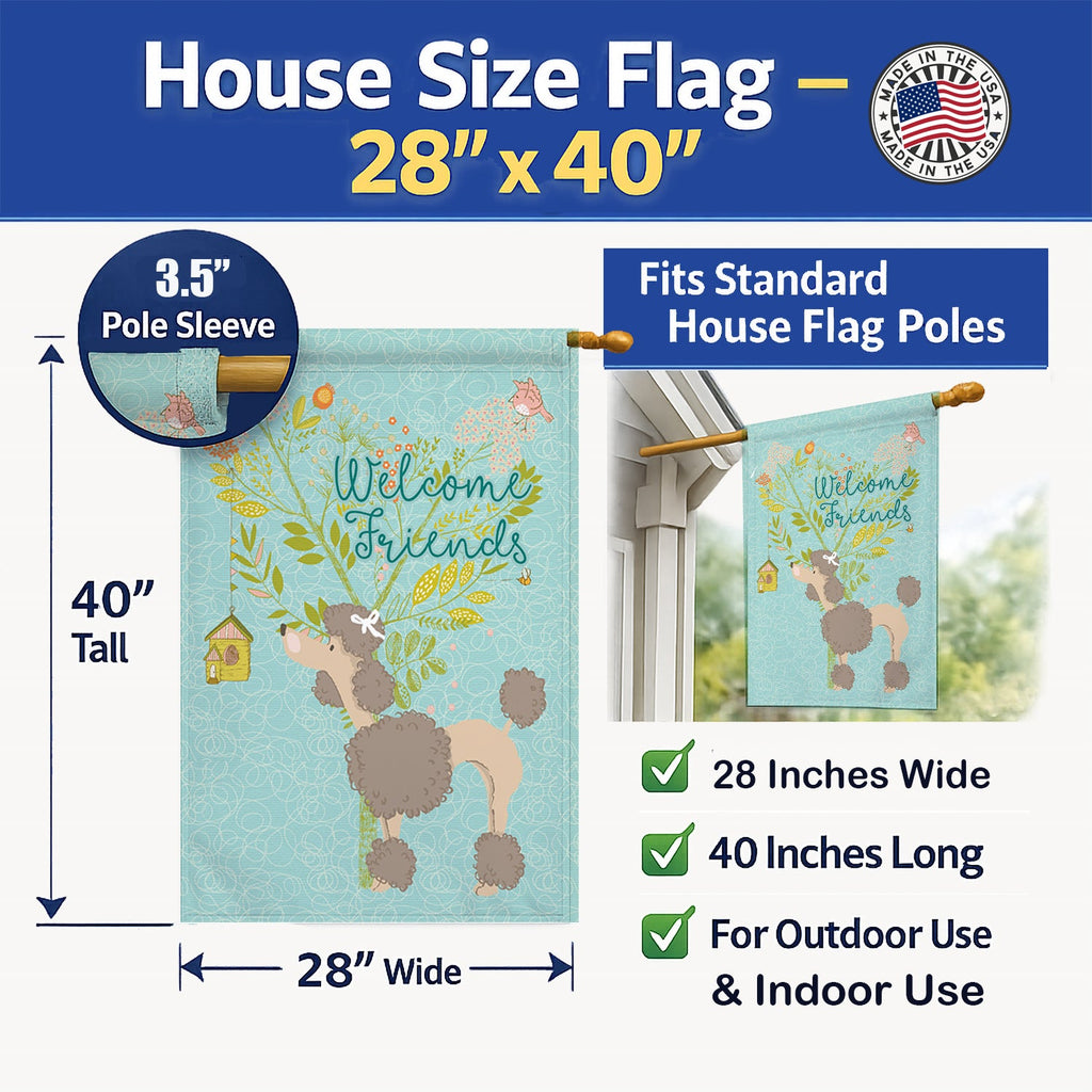 Welcome Friends Chocolate Poodle House Flag 28x40 Porch Sleeve Pole Decorative Outside Yard Banner Artwork Wall Hanging, Polyester