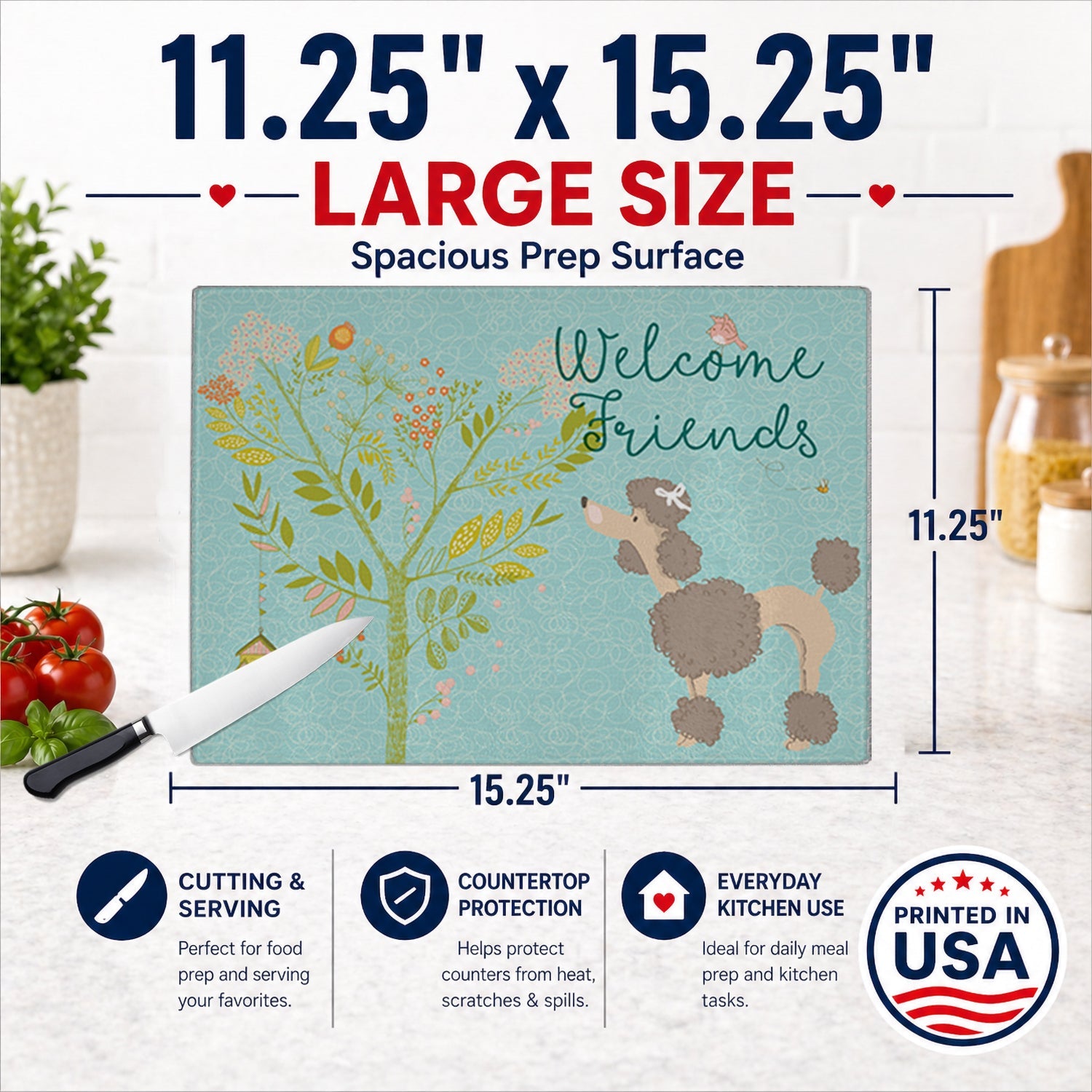 Welcome Friends Chocolate Poodle Cutting Board Tempered Glass Kitchen Cutting Surface, Heat Resistant Chopping, Non-Slip Feet, Food Prep & Serving