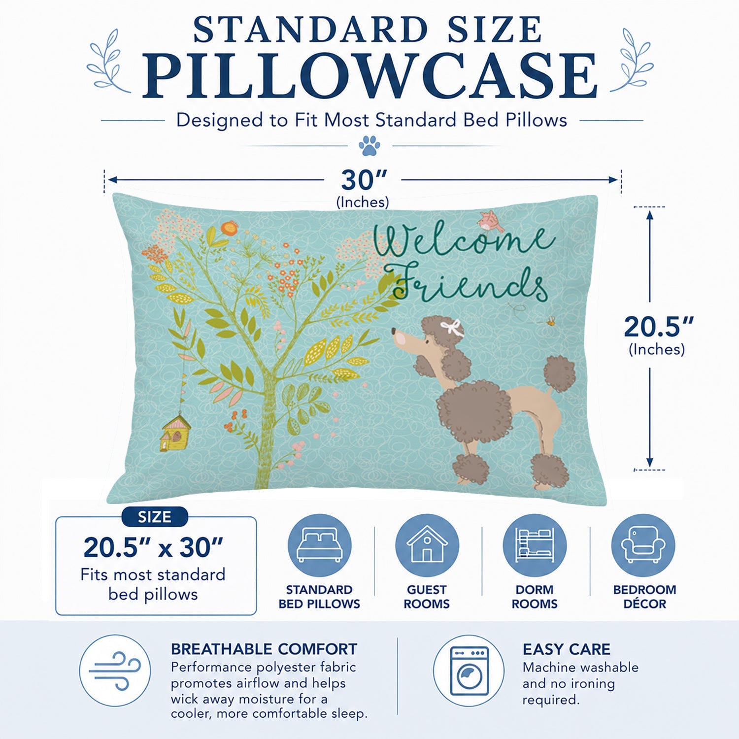 Welcome Friends Chocolate Poodle Standard Pillowcase Lightweight Super Soft Easy Care Decorative Artwork Pillowcase, Standard