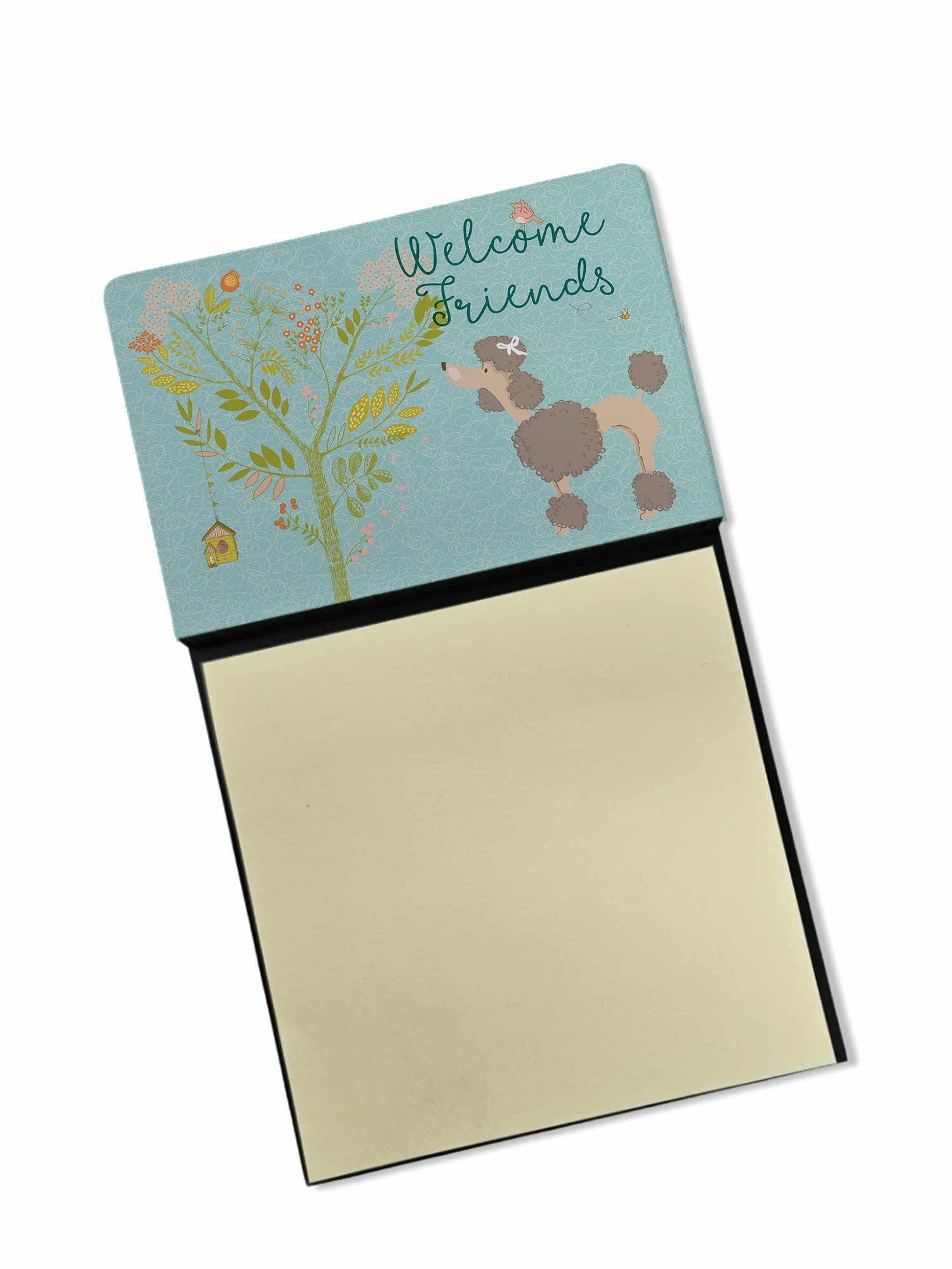 Welcome Friends Chocolate Poodle Watercolor Sticky Note Holder Refillable Dispenser Desk Accessory 3x3 Pad Gift
