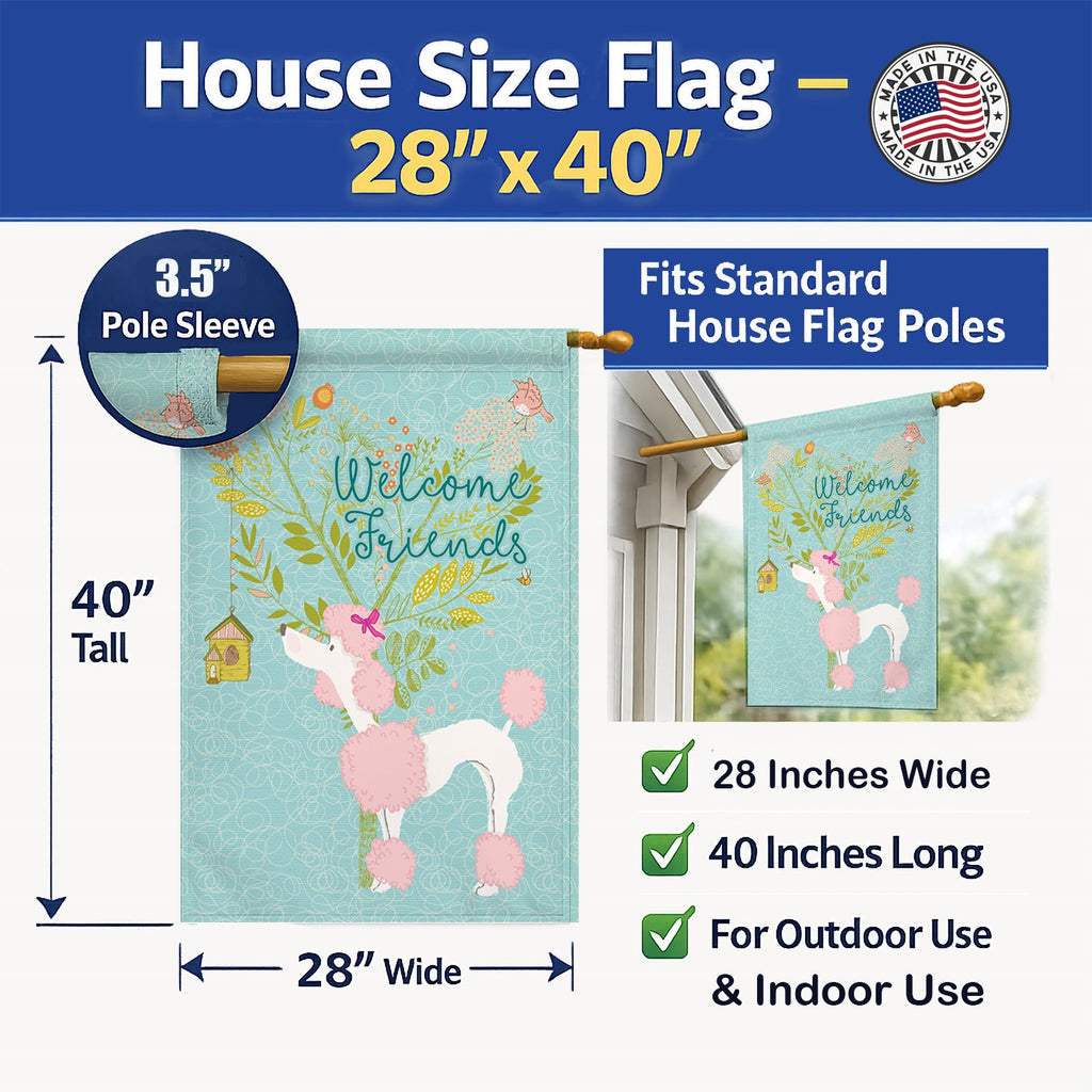 Welcome Friends Pink Poodle House Flag 28x40 Porch Sleeve Pole Decorative Outside Yard Banner Artwork Wall Hanging, Polyester