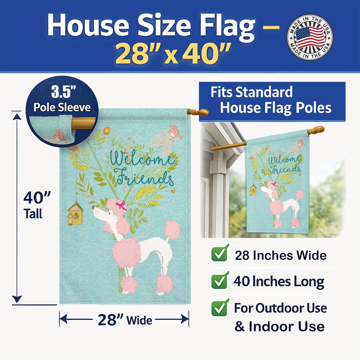 Welcome Friends Pink Poodle House Flag 28x40 Porch Sleeve Pole Decorative Outside Yard Banner Artwork Wall Hanging, Polyester