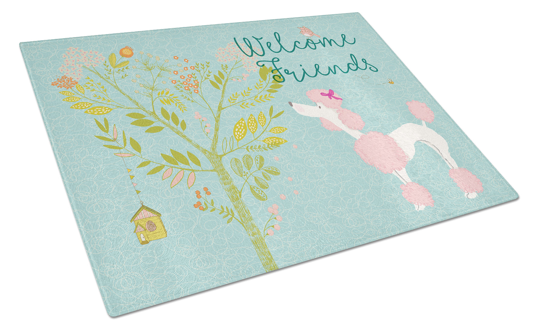 Welcome Friends Pink Poodle Cutting Board Tempered Glass Kitchen Cutting Surface, Heat Resistant Chopping, Non-Slip Feet, Food Prep & Serving