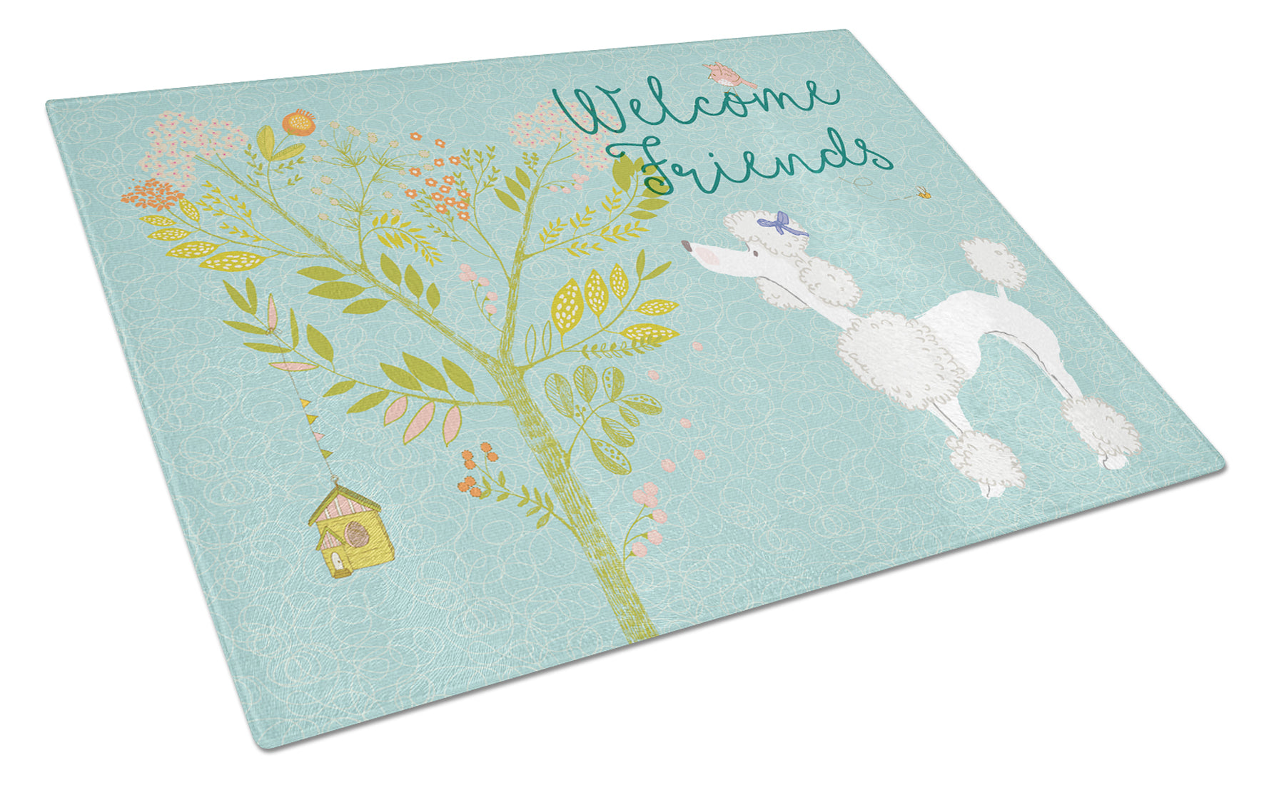 Welcome Friends White Poodle Cutting Board Tempered Glass Kitchen Cutting Surface, Heat Resistant Chopping, Non-Slip Feet, Food Prep & Serving