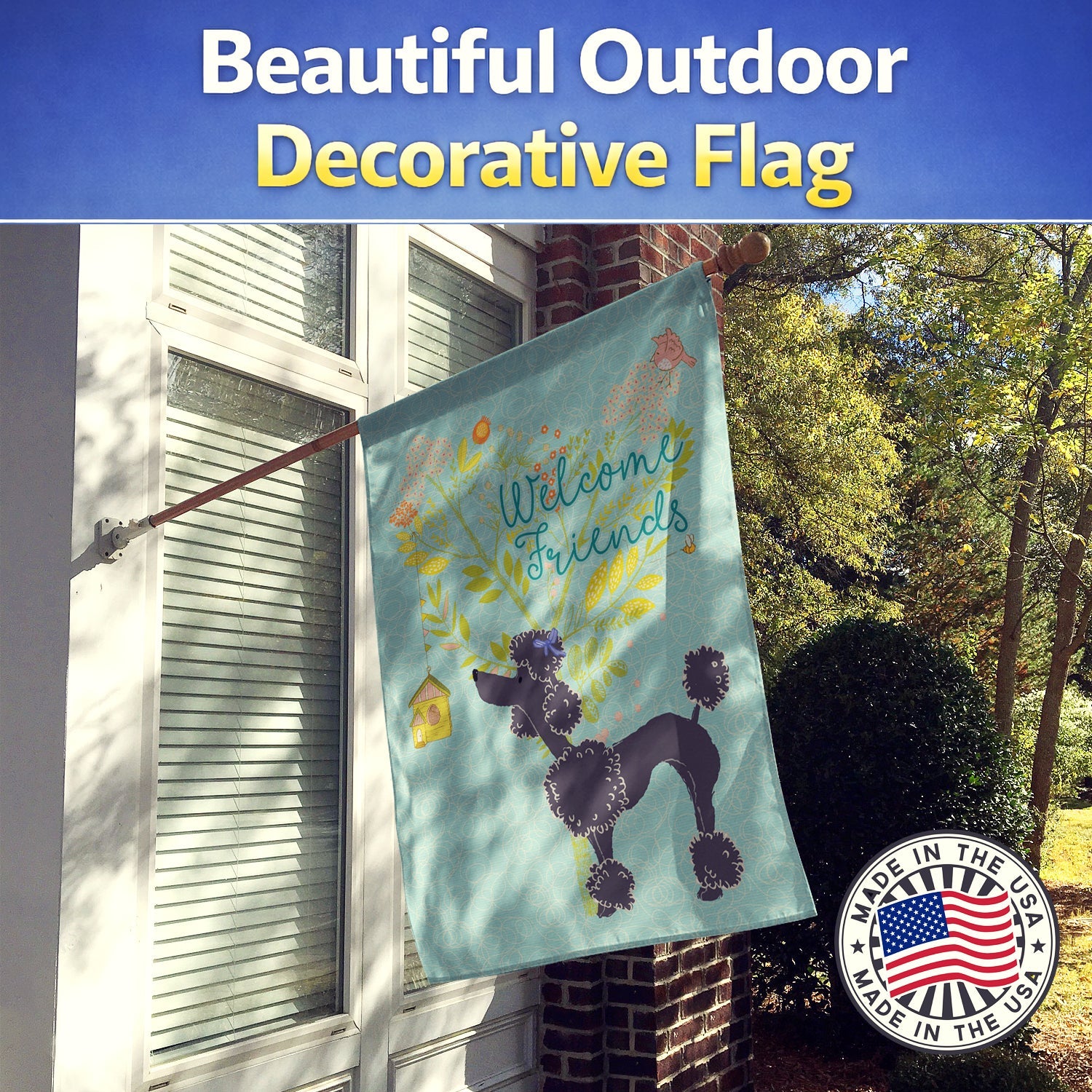 Welcome Friends Black Poodle House Flag 28x40 Porch Sleeve Pole Decorative Outside Yard Banner Artwork Wall Hanging, Polyester