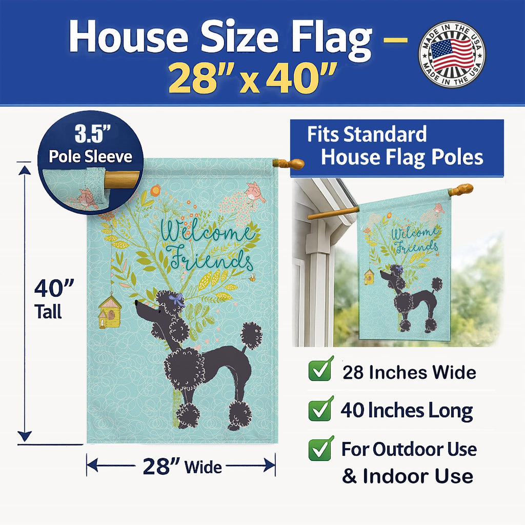 Welcome Friends Black Poodle House Flag 28x40 Porch Sleeve Pole Decorative Outside Yard Banner Artwork Wall Hanging, Polyester