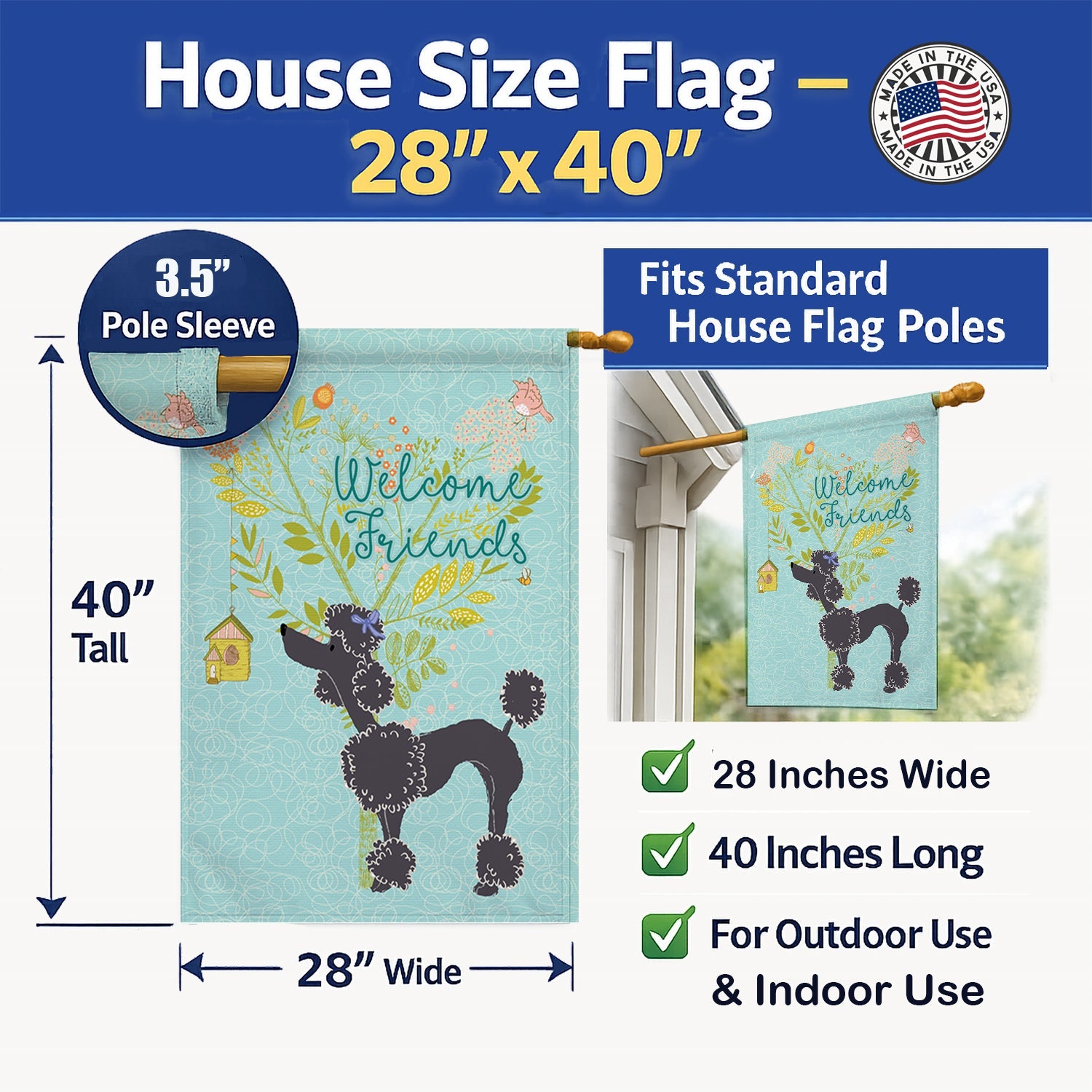 Welcome Friends Black Poodle House Flag 28x40 Porch Sleeve Pole Decorative Outside Yard Banner Artwork Wall Hanging, Polyester