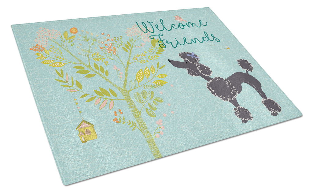 Welcome Friends Black Poodle Cutting Board Tempered Glass Kitchen Cutting Surface, Heat Resistant Chopping, Non-Slip Feet, Food Prep & Serving