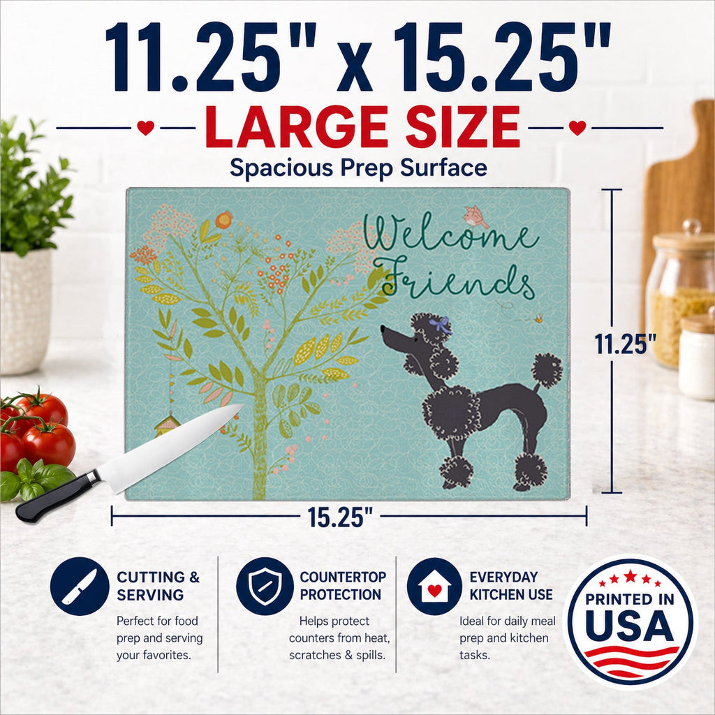 Welcome Friends Black Poodle Cutting Board Tempered Glass Kitchen Cutting Surface, Heat Resistant Chopping, Non-Slip Feet, Food Prep & Serving