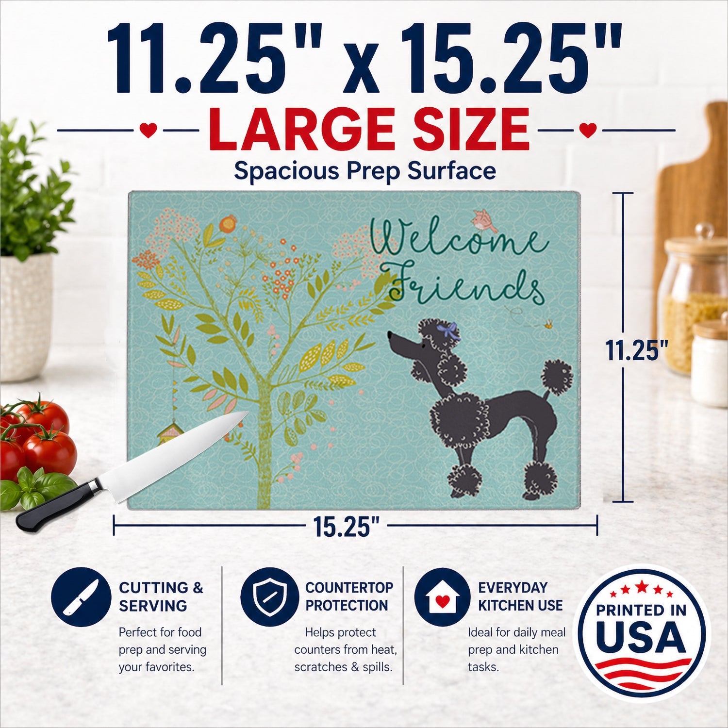 Welcome Friends Black Poodle Cutting Board Tempered Glass Kitchen Cutting Surface, Heat Resistant Chopping, Non-Slip Feet, Food Prep & Serving