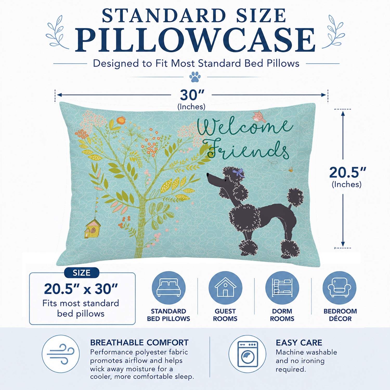 Welcome Friends Black Poodle Standard Pillowcase Lightweight Super Soft Easy Care Decorative Artwork Pillowcase, Standard