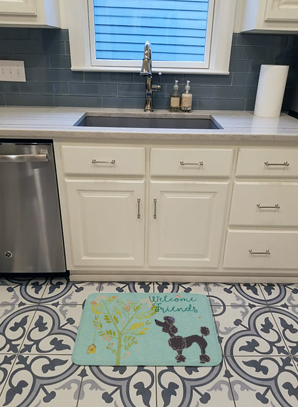 Welcome Friends Black Poodle Memory Foam Kitchen Mat Machine Washable Anti-Fatigue Cushion Comfort Bath or Kitchen Rug