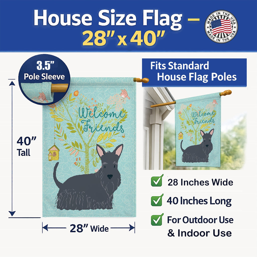 Welcome Friends Scottish Terrier House Flag 28x40 Porch Sleeve Pole Decorative Outside Yard Banner Artwork Wall Hanging, Polyester