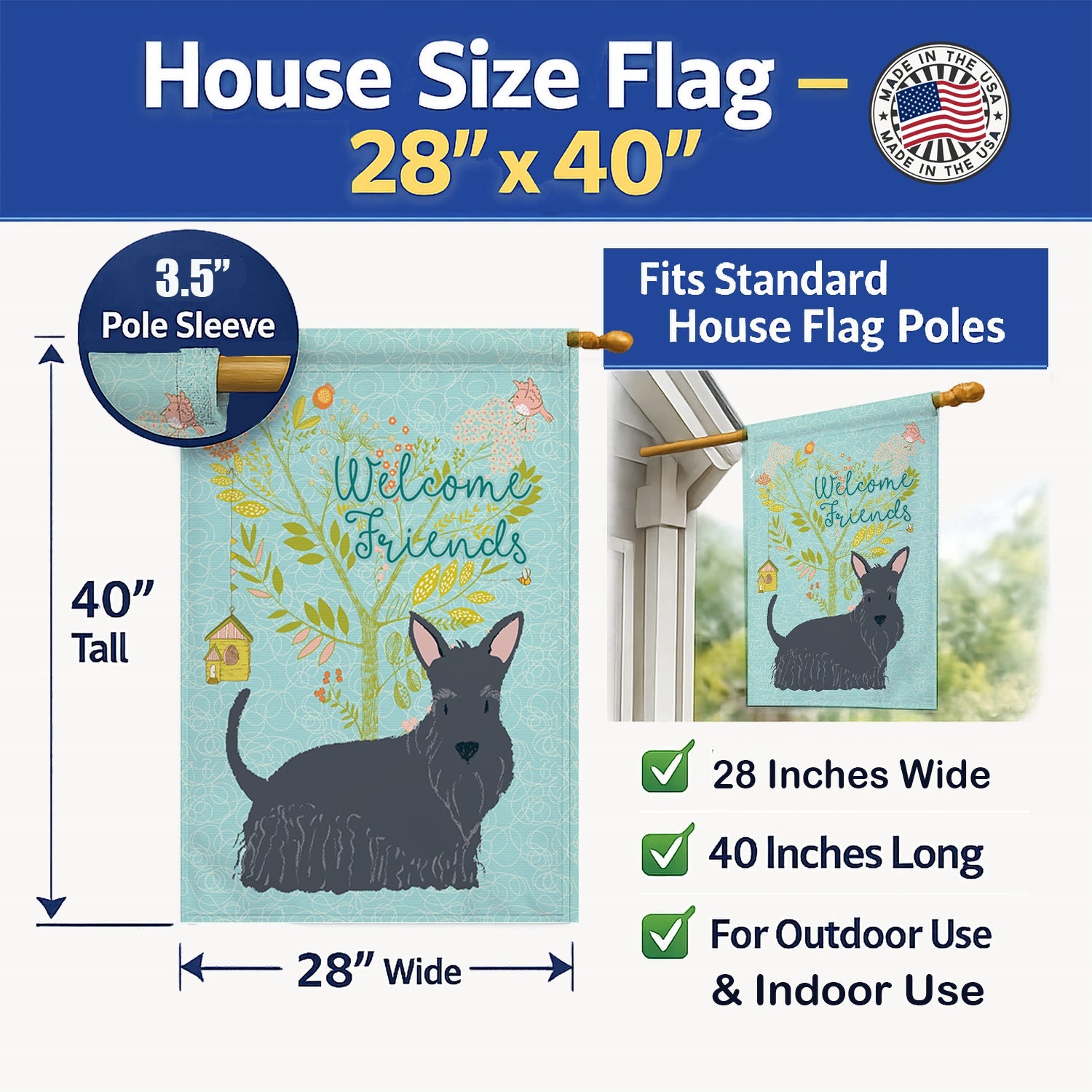 Welcome Friends Scottish Terrier House Flag 28x40 Porch Sleeve Pole Decorative Outside Yard Banner Artwork Wall Hanging, Polyester