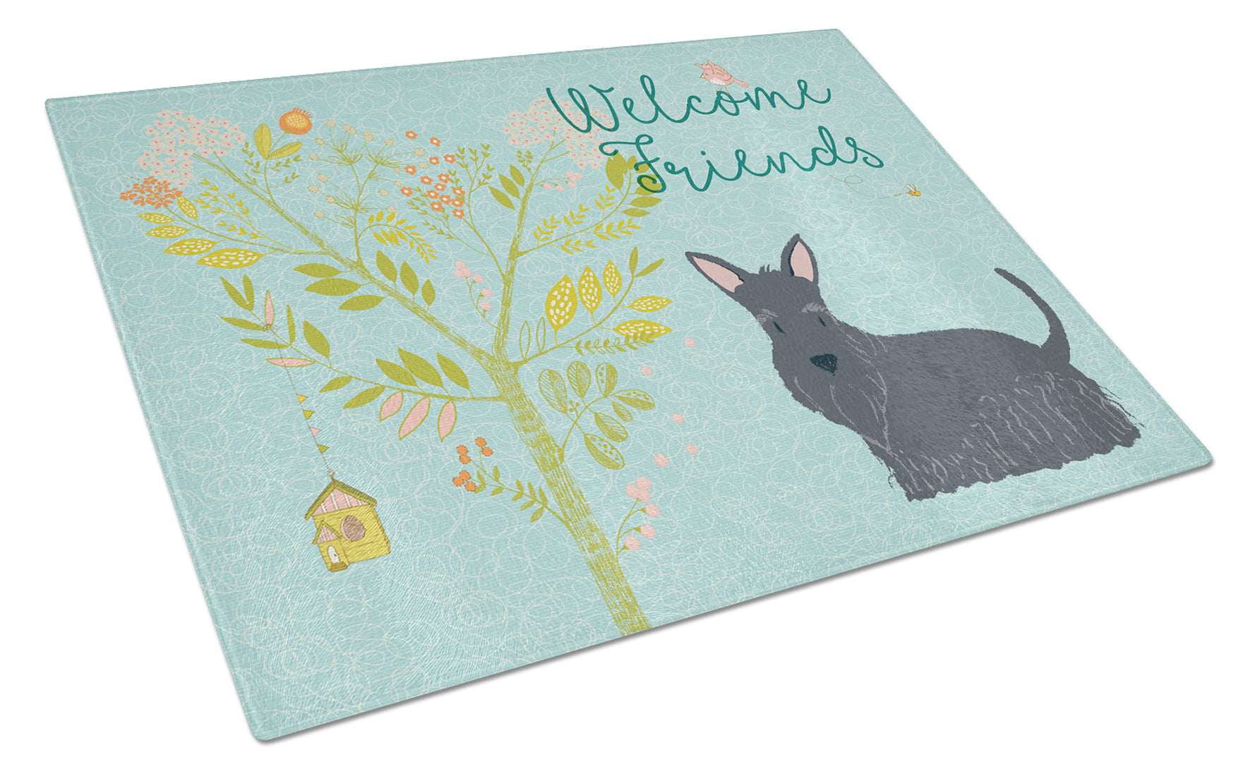 Welcome Friends Scottish Terrier Cutting Board Tempered Glass Kitchen Cutting Surface, Heat Resistant Chopping, Non-Slip Feet, Food Prep & Serving