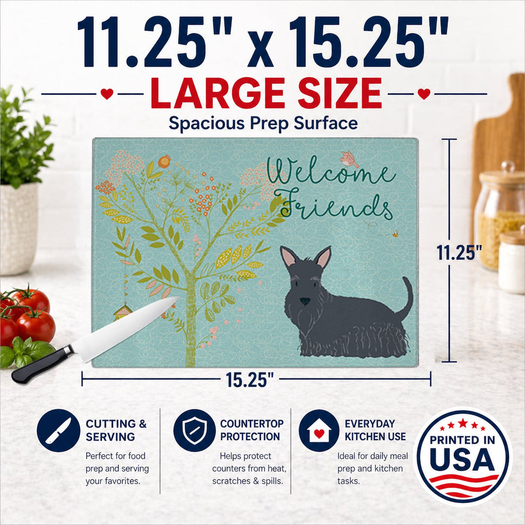 Welcome Friends Scottish Terrier Cutting Board Tempered Glass Kitchen Cutting Surface, Heat Resistant Chopping, Non-Slip Feet, Food Prep & Serving