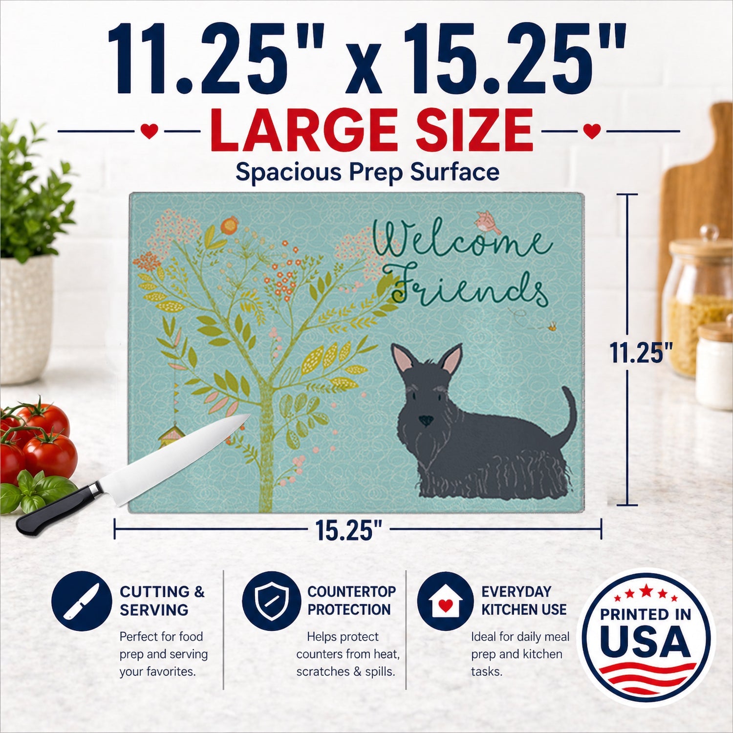 Welcome Friends Scottish Terrier Cutting Board Tempered Glass Kitchen Cutting Surface, Heat Resistant Chopping, Non-Slip Feet, Food Prep & Serving