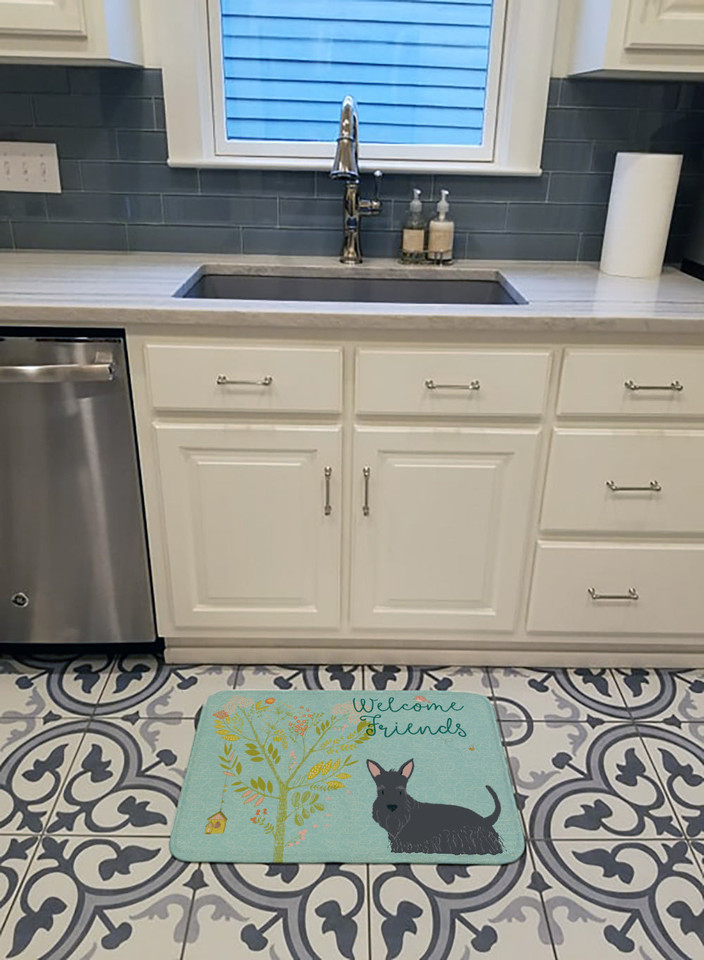 Welcome Friends Scottish Terrier Memory Foam Kitchen Mat Machine Washable Anti-Fatigue Cushion Comfort Bath or Kitchen Rug