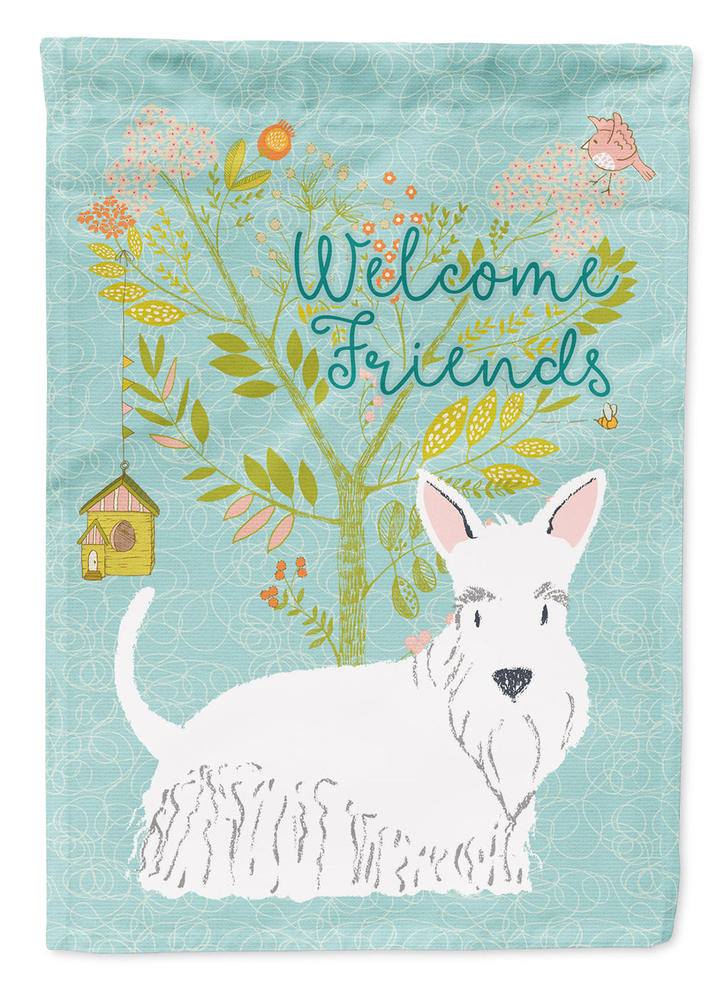 Welcome Friends White Scottish Terrier House Flag 28x40 Porch Sleeve Pole Decorative Outside Yard Banner Artwork Wall Hanging, Polyester
