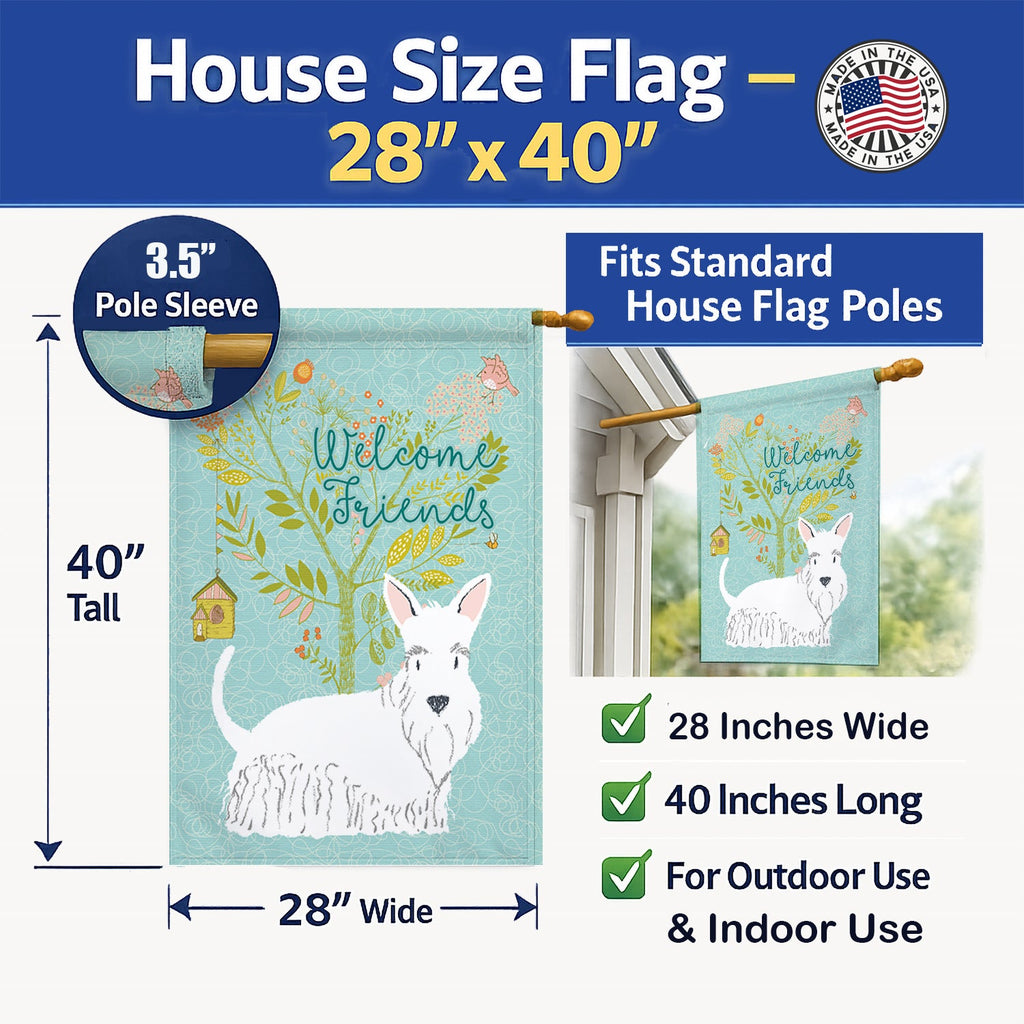 Welcome Friends White Scottish Terrier House Flag 28x40 Porch Sleeve Pole Decorative Outside Yard Banner Artwork Wall Hanging, Polyester
