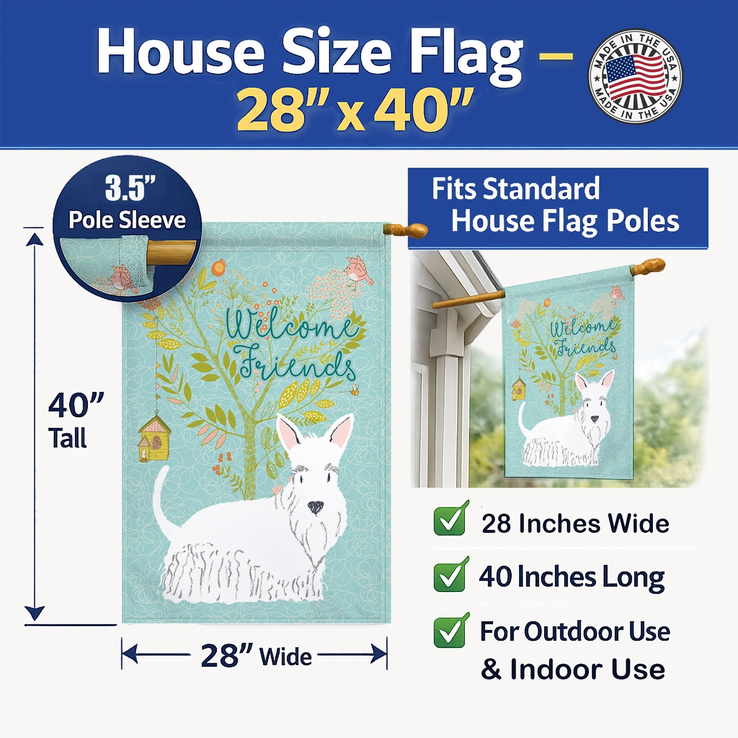 Welcome Friends White Scottish Terrier House Flag 28x40 Porch Sleeve Pole Decorative Outside Yard Banner Artwork Wall Hanging, Polyester