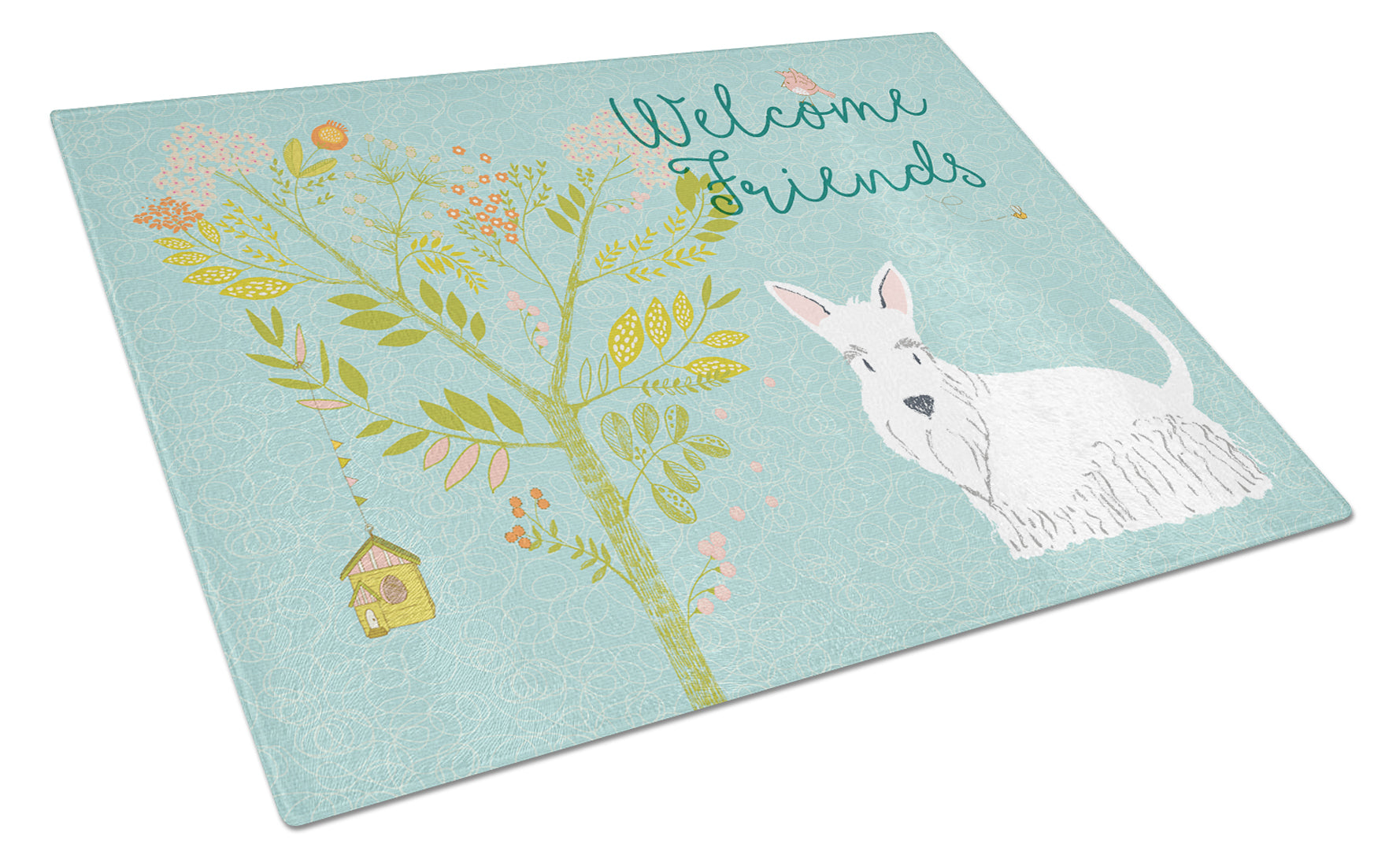Welcome Friends White Scottish Terrier Cutting Board Tempered Glass Kitchen Cutting Surface, Heat Resistant Chopping, Non-Slip Feet, Food Prep & Serving