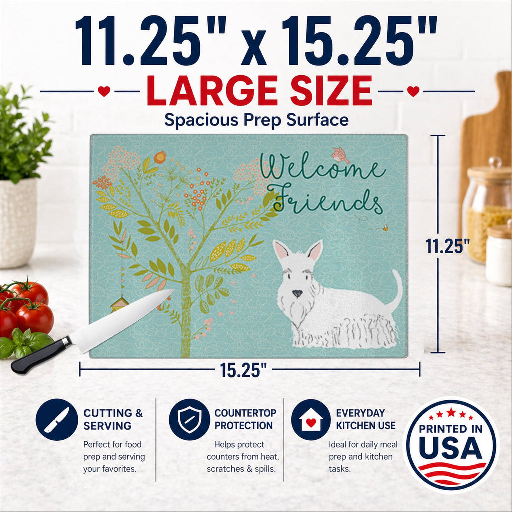 Welcome Friends White Scottish Terrier Cutting Board Tempered Glass Kitchen Cutting Surface, Heat Resistant Chopping, Non-Slip Feet, Food Prep & Serving