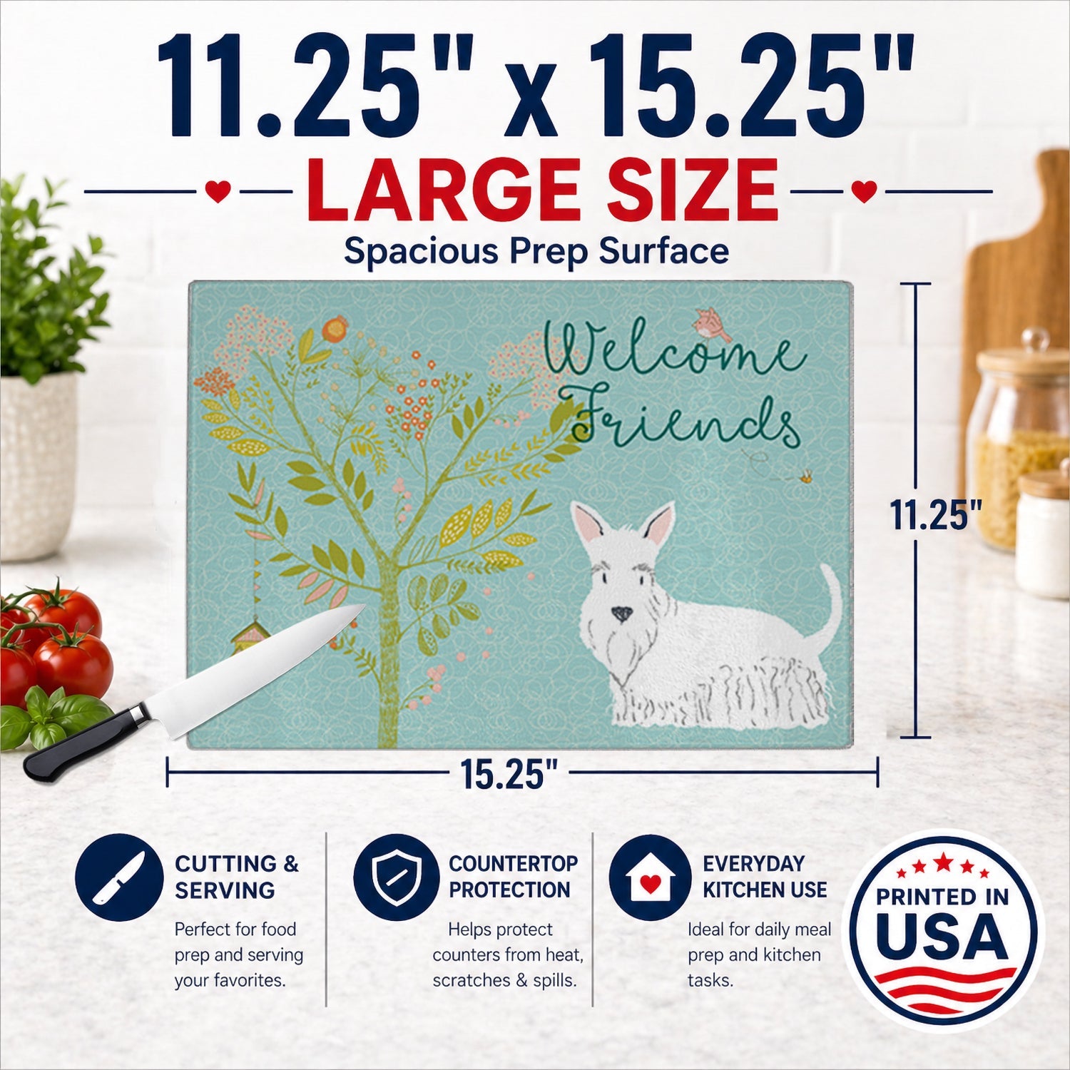 Welcome Friends White Scottish Terrier Cutting Board Tempered Glass Kitchen Cutting Surface, Heat Resistant Chopping, Non-Slip Feet, Food Prep & Serving