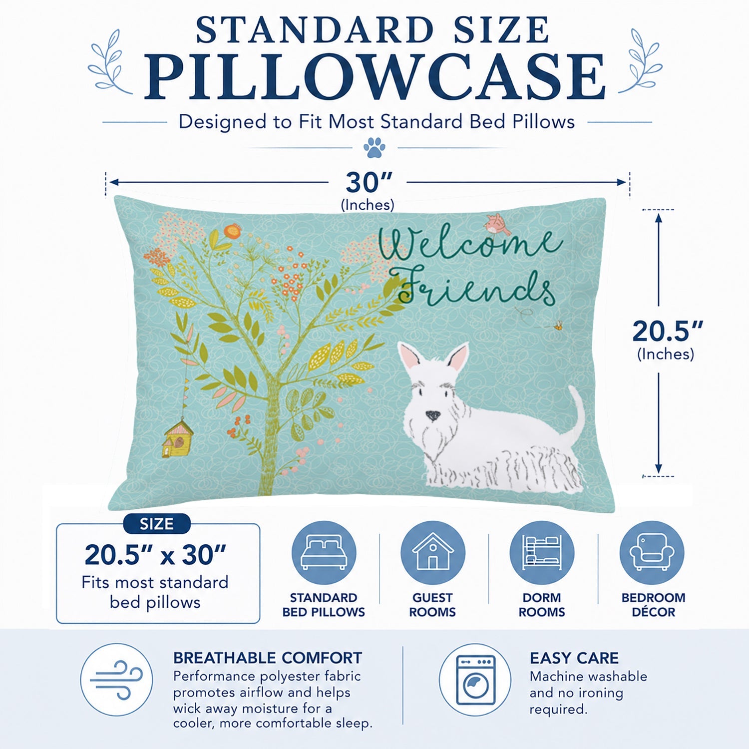 Welcome Friends White Scottish Terrier Standard Pillowcase Lightweight Super Soft Easy Care Decorative Artwork Pillowcase, Standard