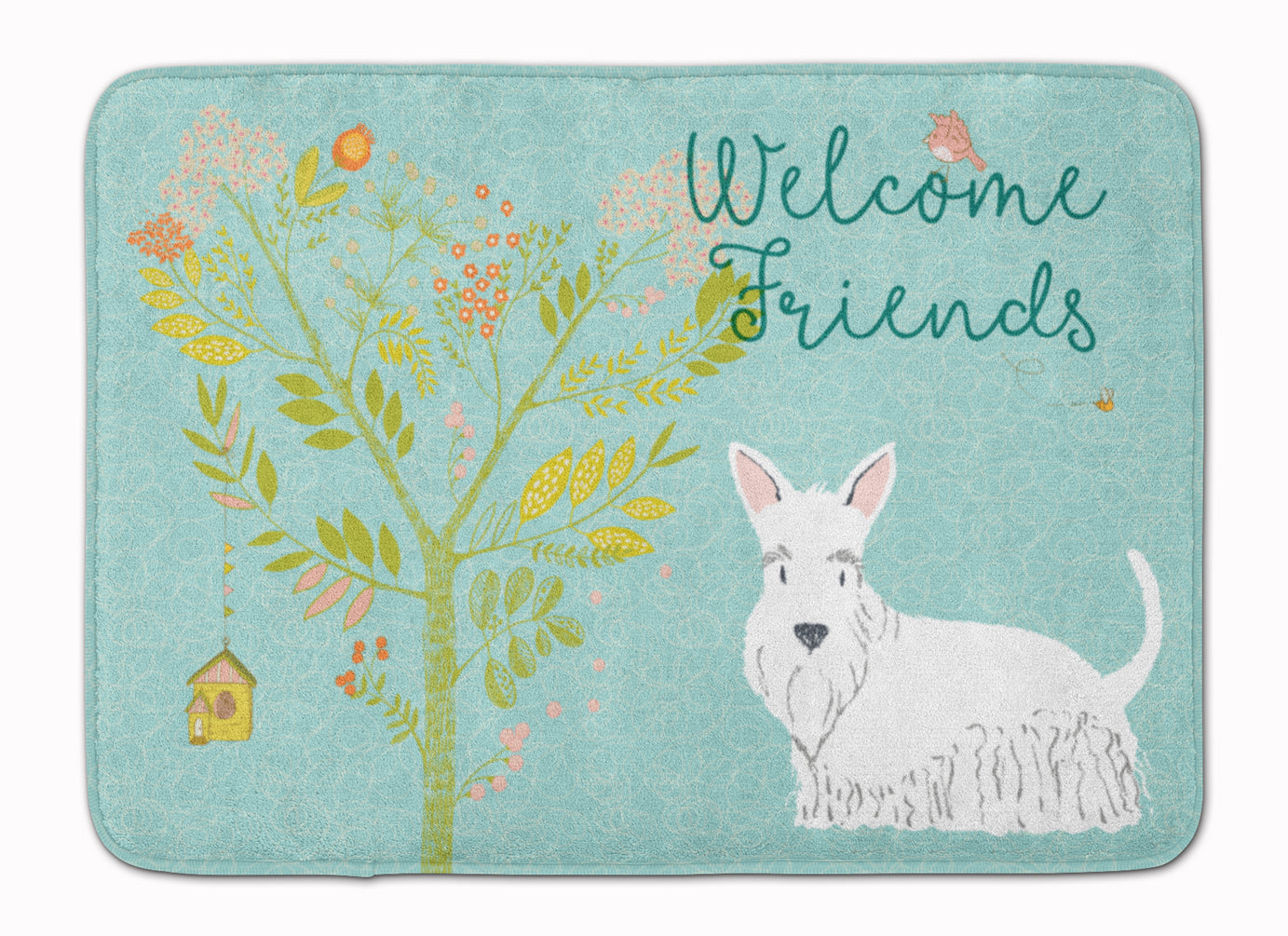 Welcome Friends White Scottish Terrier Memory Foam Kitchen Mat Machine Washable Anti-Fatigue Cushion Comfort Bath or Kitchen Rug