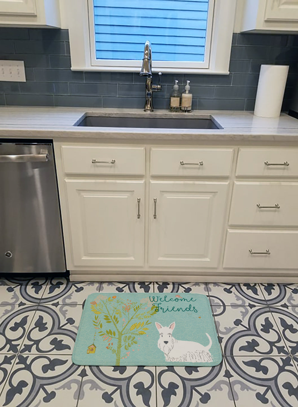 Welcome Friends White Scottish Terrier Memory Foam Kitchen Mat Machine Washable Anti-Fatigue Cushion Comfort Bath or Kitchen Rug
