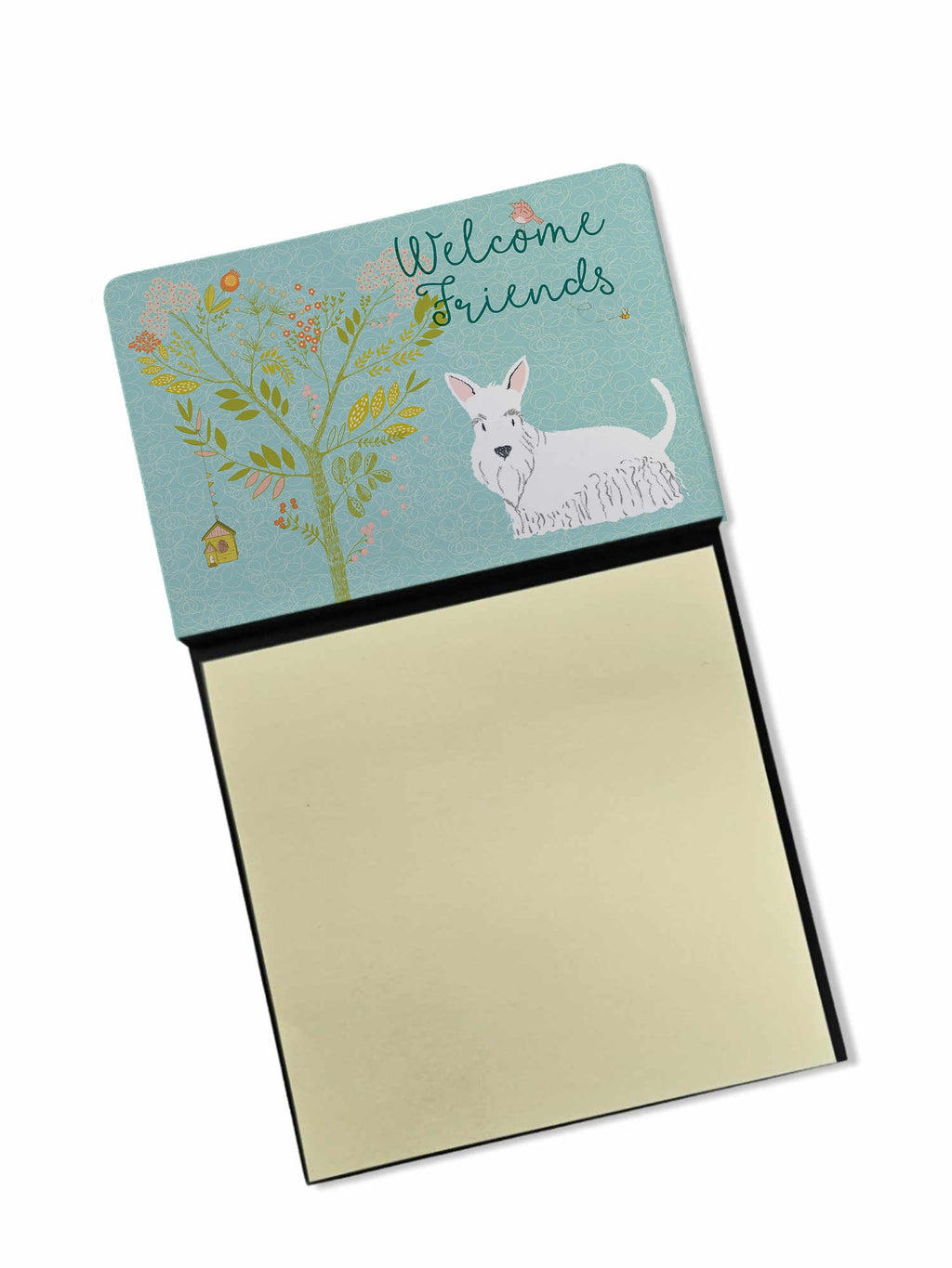 Welcome Friends White Scottish Terrier Watercolor Sticky Note Holder Refillable Dispenser Desk Accessory 3x3 Pad Gift