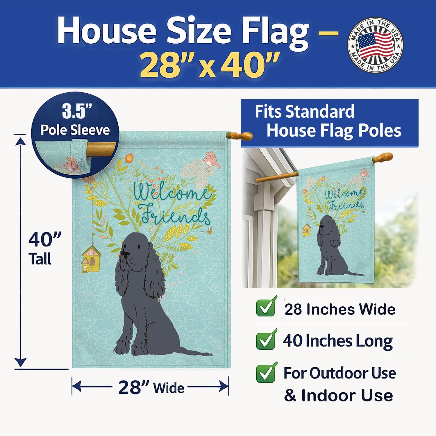 Welcome Friends Black Cocker Spaniel House Flag 28x40 Porch Sleeve Pole Decorative Outside Yard Banner Artwork Wall Hanging, Polyester