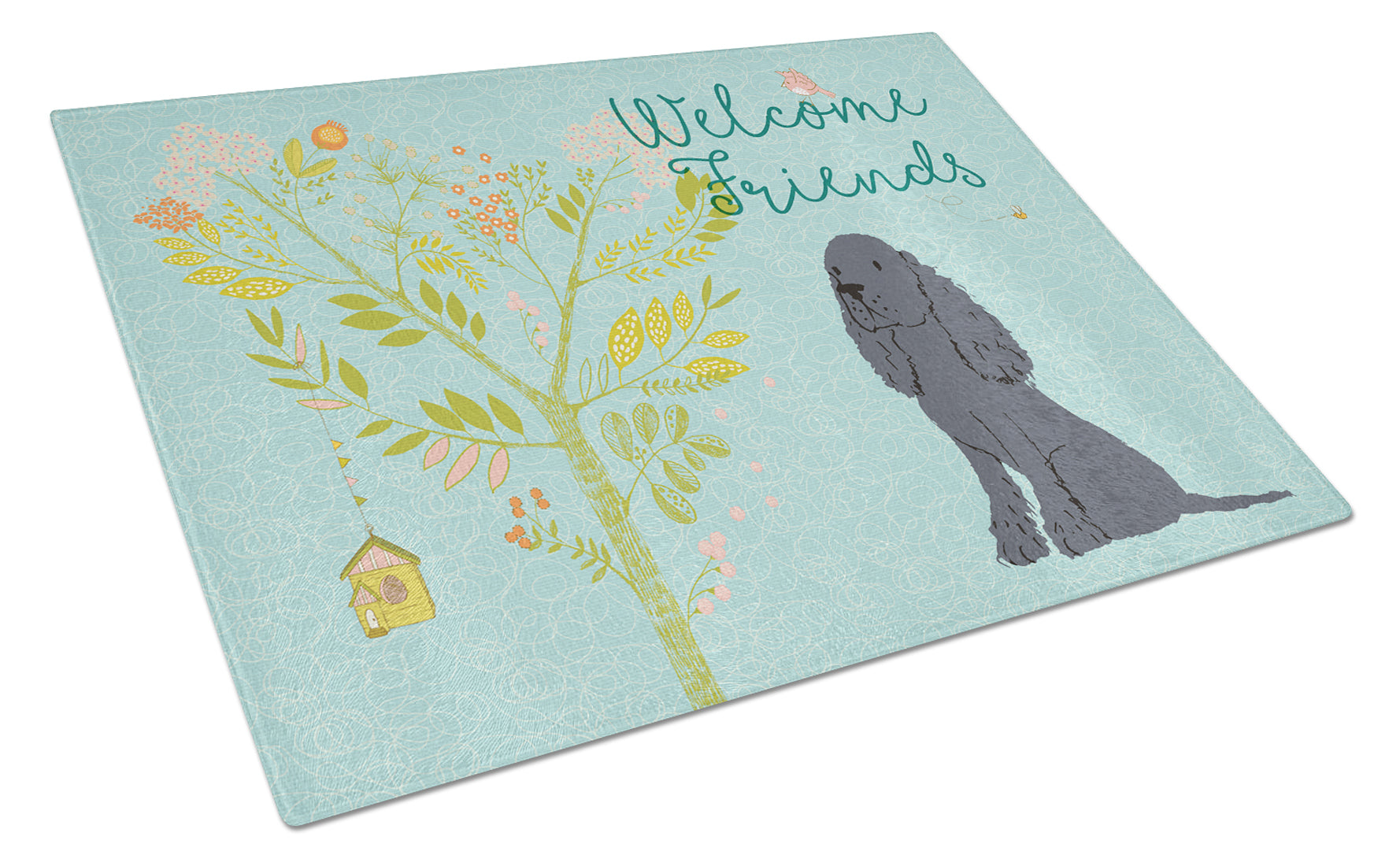 Welcome Friends Black Cocker Spaniel Cutting Board Tempered Glass Kitchen Cutting Surface, Heat Resistant Chopping, Non-Slip Feet, Food Prep & Serving