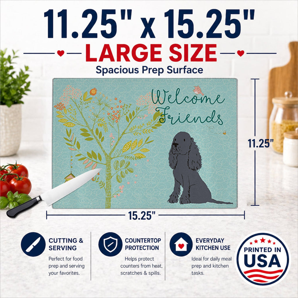 Welcome Friends Black Cocker Spaniel Cutting Board Tempered Glass Kitchen Cutting Surface, Heat Resistant Chopping, Non-Slip Feet, Food Prep & Serving