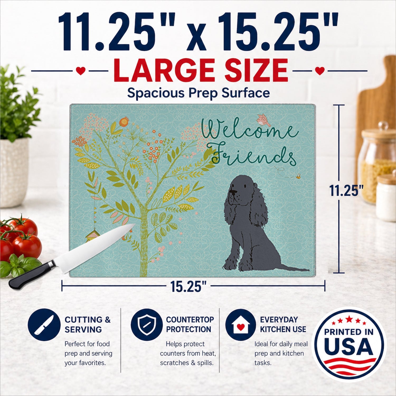 Welcome Friends Black Cocker Spaniel Cutting Board Tempered Glass Kitchen Cutting Surface, Heat Resistant Chopping, Non-Slip Feet, Food Prep & Serving