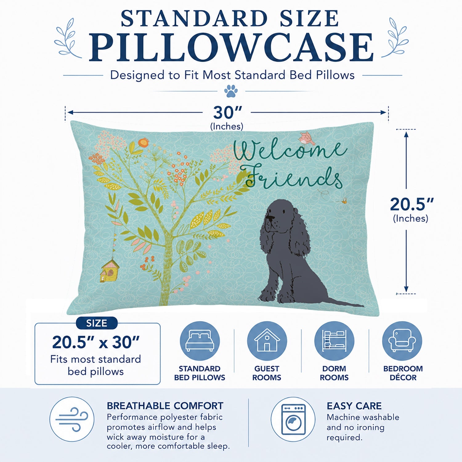 Welcome Friends Black Cocker Spaniel Standard Pillowcase Lightweight Super Soft Easy Care Decorative Artwork Pillowcase, Standard