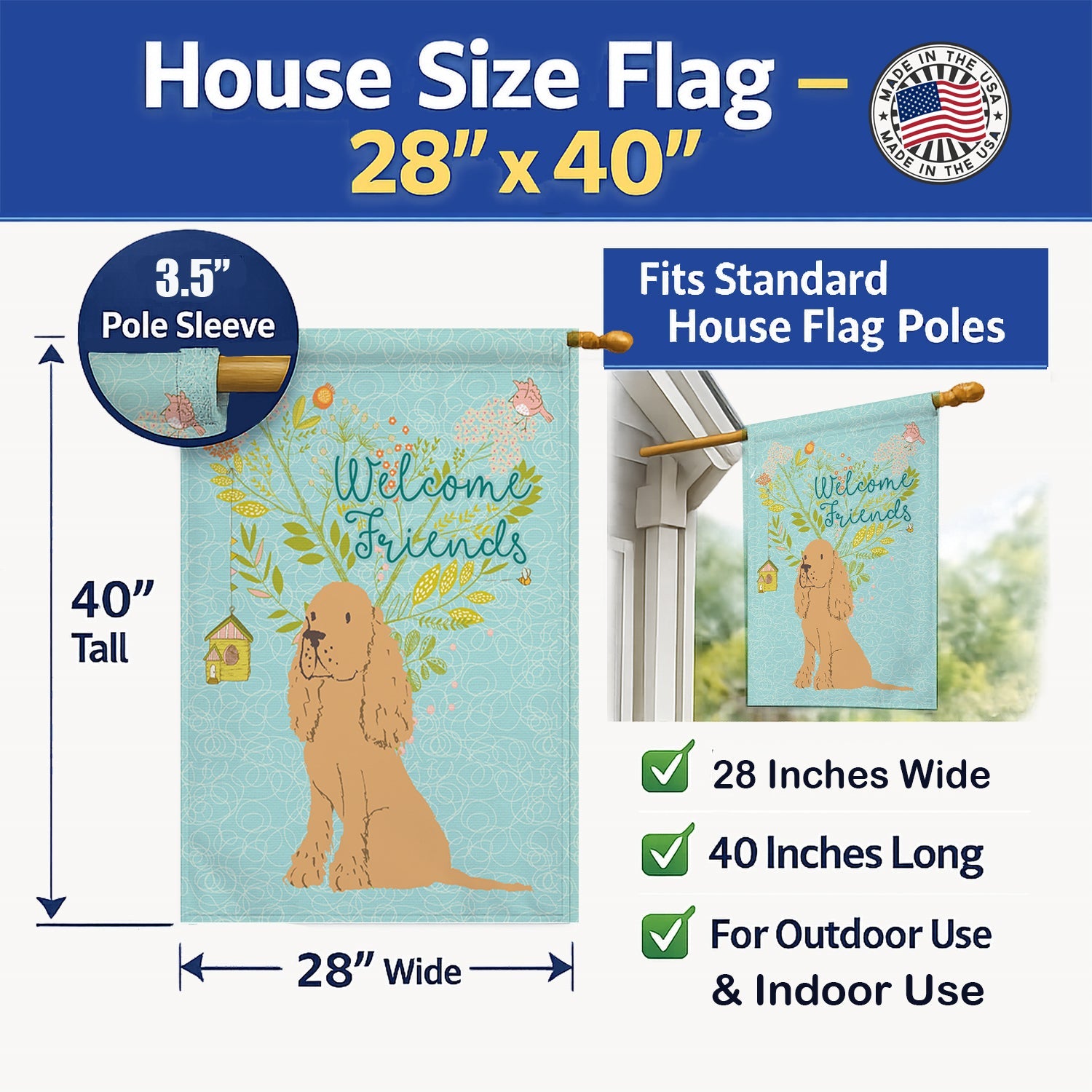 Welcome Friends Buff Cocker Spaniel House Flag 28x40 Porch Sleeve Pole Decorative Outside Yard Banner Artwork Wall Hanging, Polyester