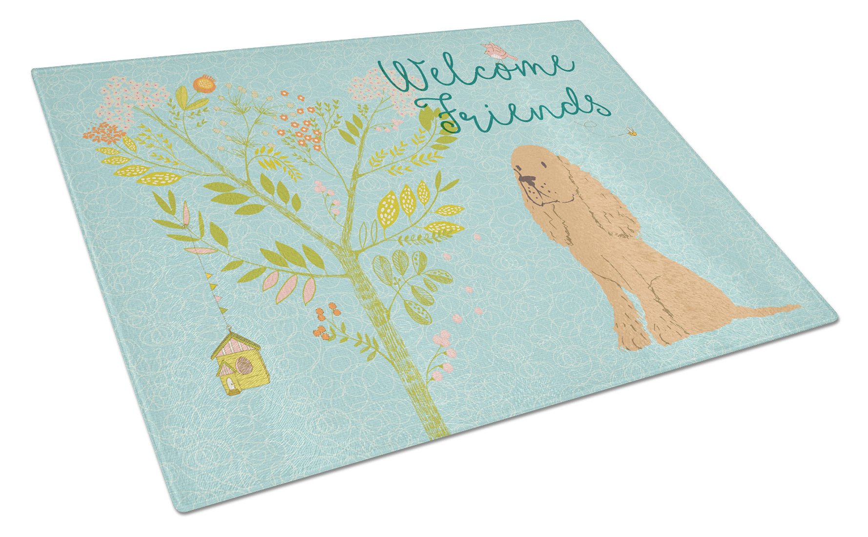 Welcome Friends Buff Cocker Spaniel Cutting Board Tempered Glass Kitchen Cutting Surface, Heat Resistant Chopping, Non-Slip Feet, Food Prep & Serving