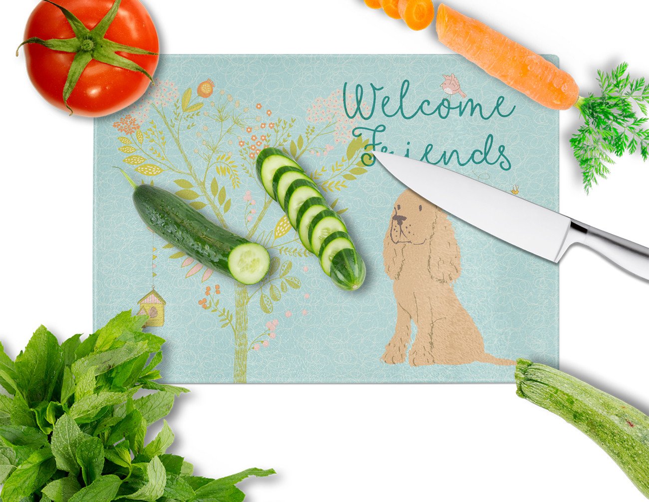 Welcome Friends Buff Cocker Spaniel Cutting Board Tempered Glass Kitchen Cutting Surface, Heat Resistant Chopping, Non-Slip Feet, Food Prep & Serving