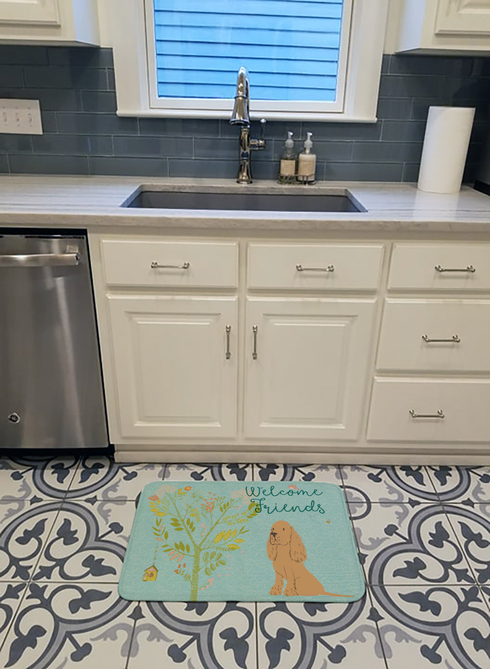 Welcome Friends Buff Cocker Spaniel Memory Foam Kitchen Mat Machine Washable Anti-Fatigue Cushion Comfort Bath or Kitchen Rug