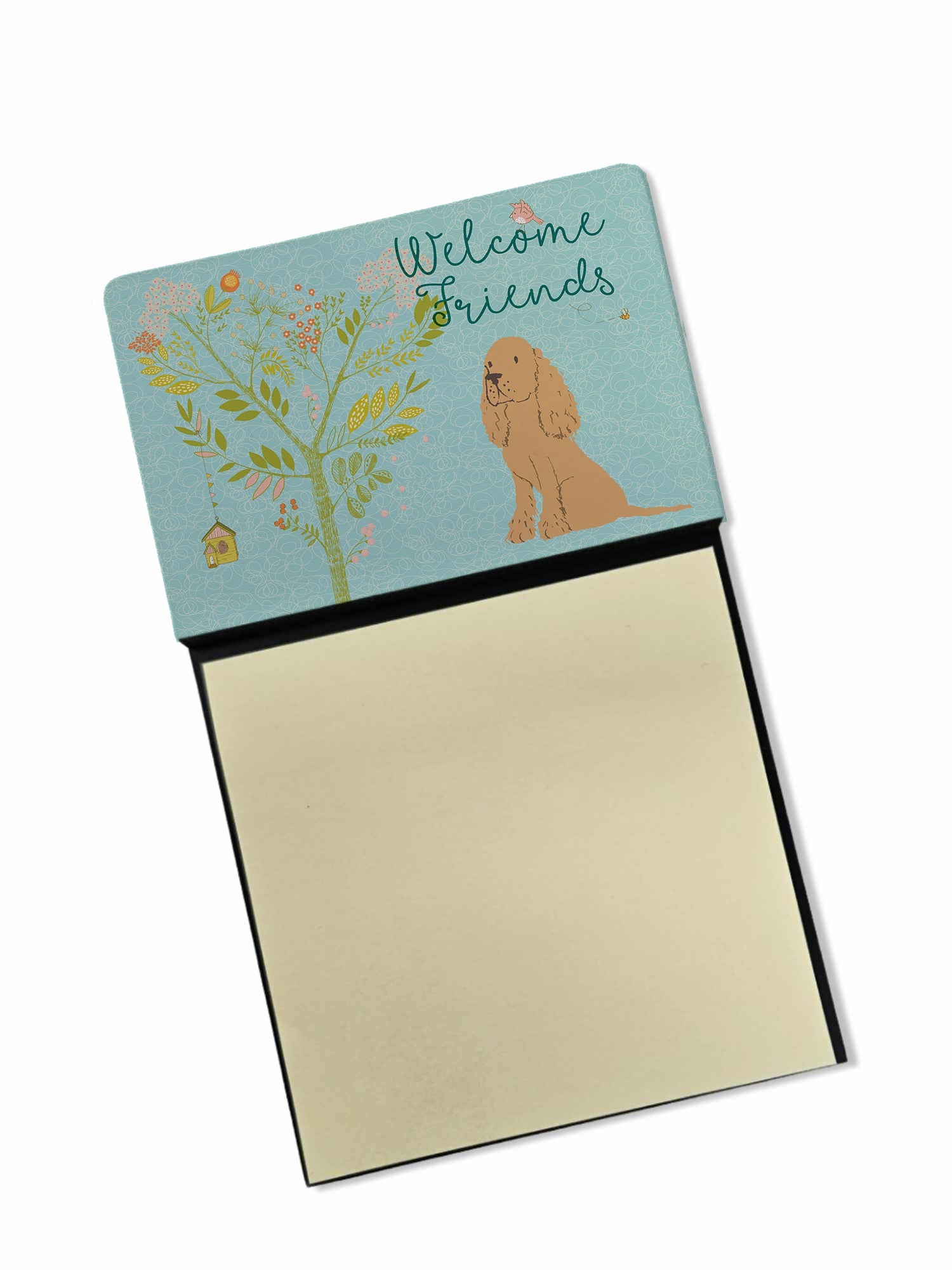 Welcome Friends Buff Cocker Spaniel Watercolor Sticky Note Holder Refillable Dispenser Desk Accessory 3x3 Pad Gift