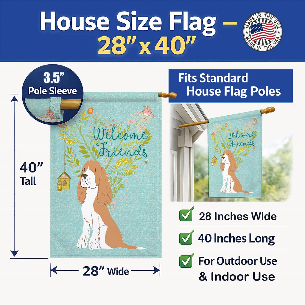 Welcome Friends Gold Springer Spaniel House Flag 28x40 Porch Sleeve Pole Decorative Outside Yard Banner Artwork Wall Hanging, Polyester
